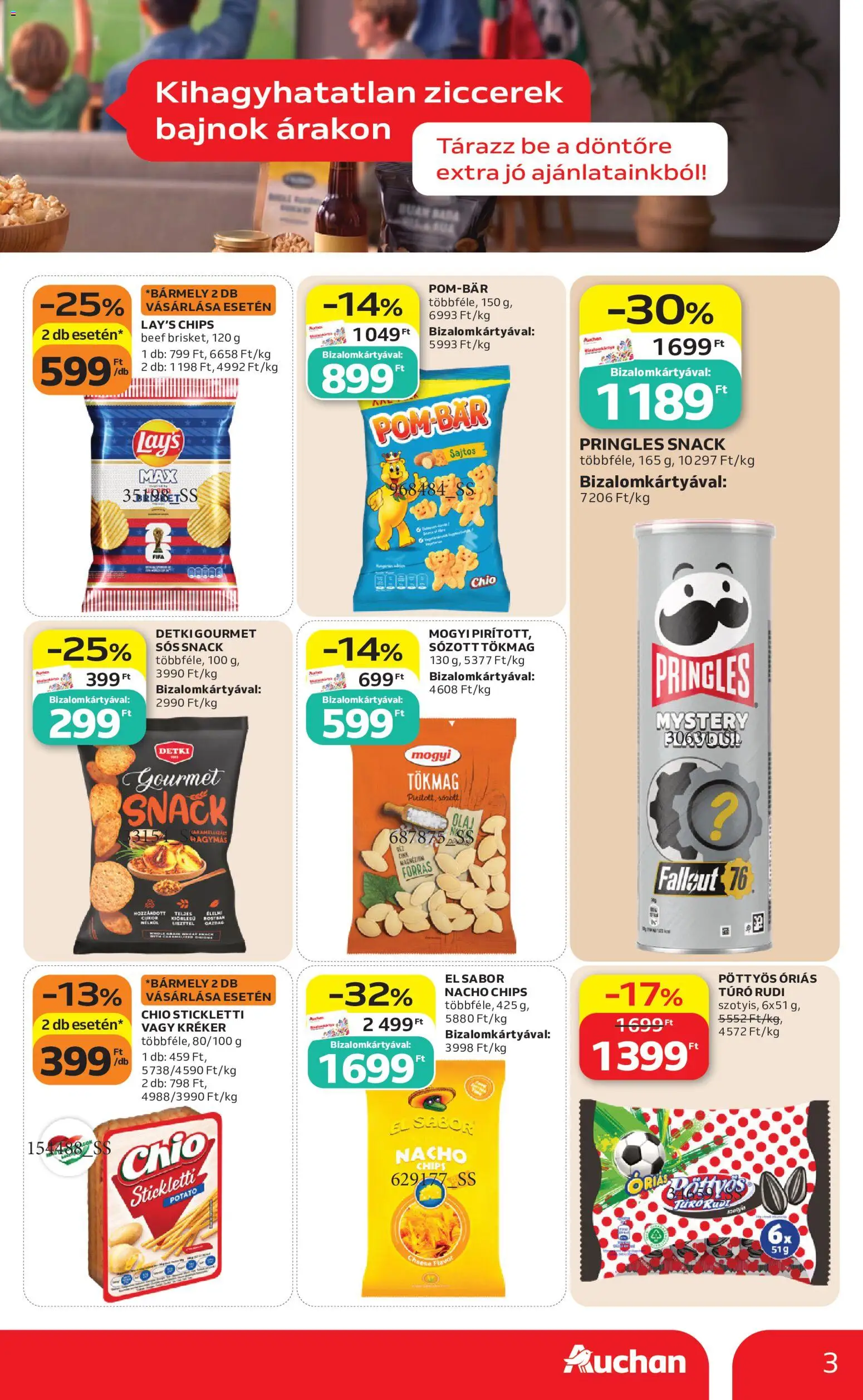 Auchan akciós ujság - amely érvényes a következő dátumtól: 2026.07.09. | Oldal: 3 | Termékek: Tökmag, Pringles, Túró, Cukor