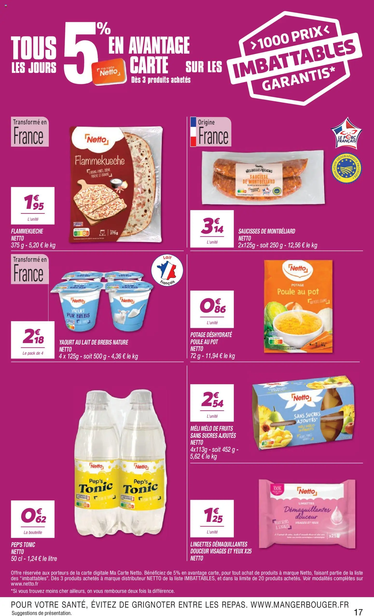 {H1} | Page: 17 | Produits: Saucisses, Yaourt, Oignons, Flammekueche