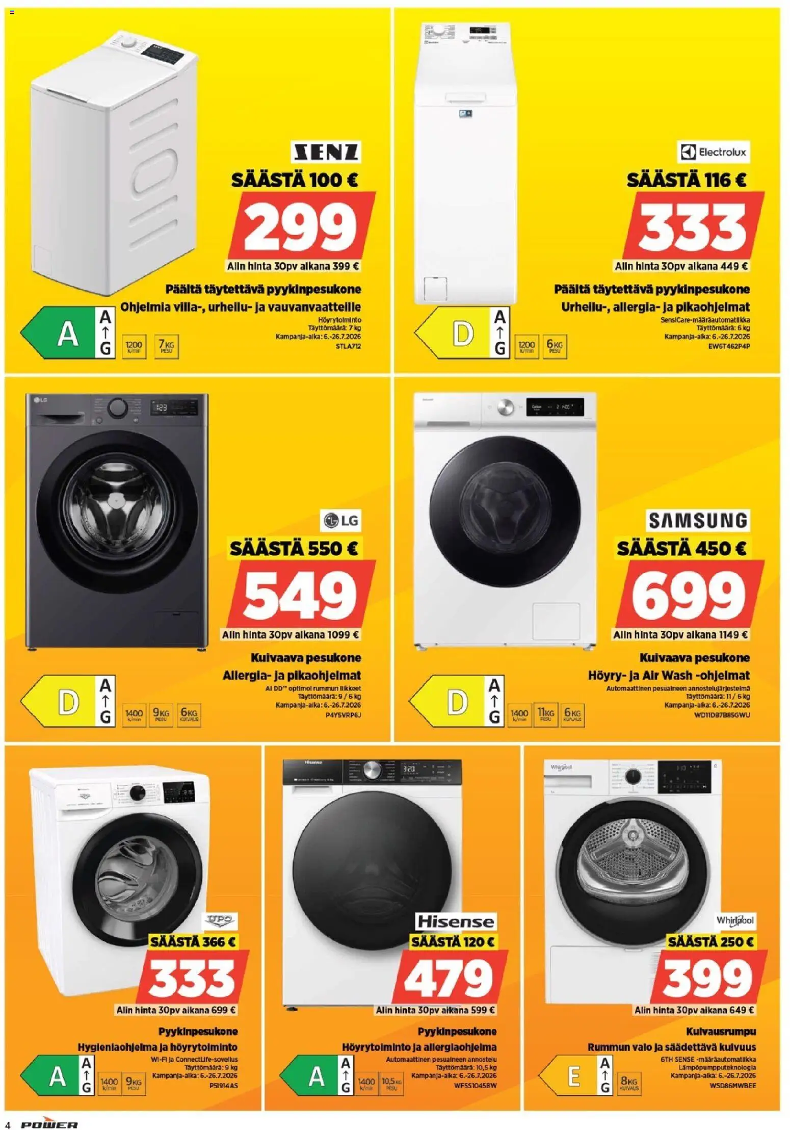 Power tarjoukset – voimassa 06/07/2026 alkaen | Sivu: 4 | Tuotteet: Pesukone, Kuivaava pesukone