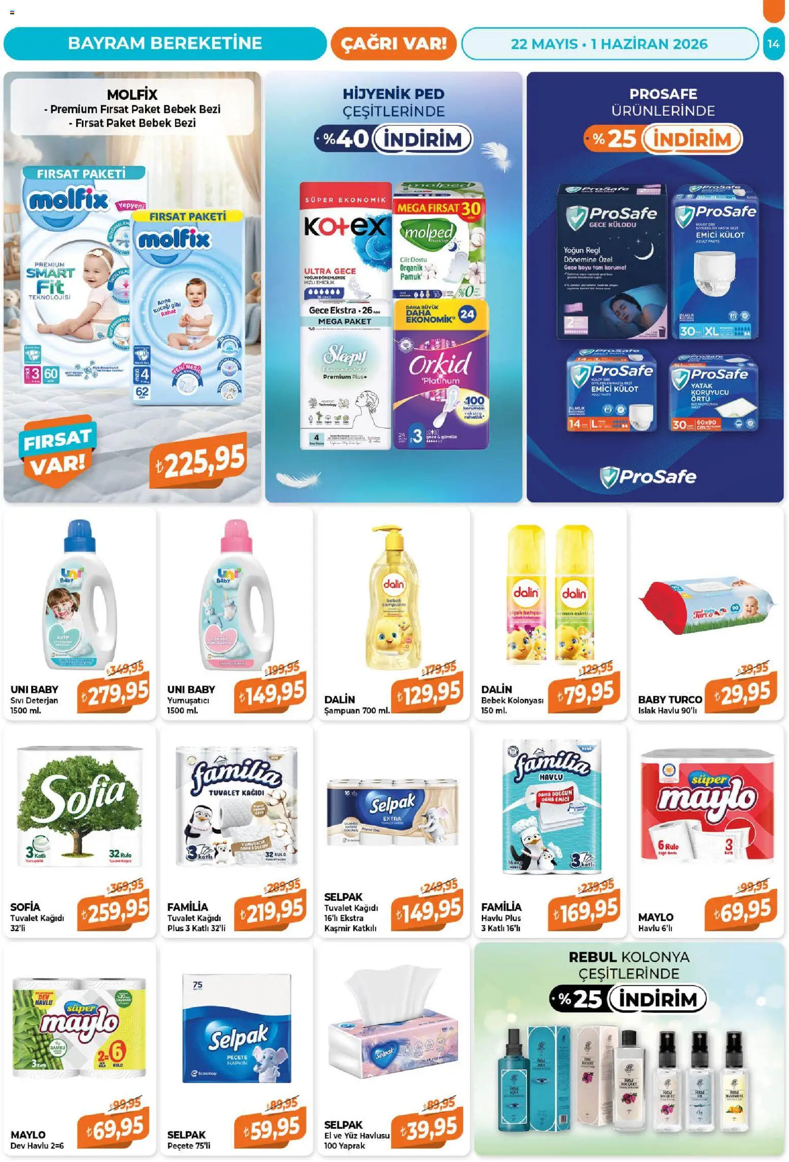 Çağrı Market Katalog - 22.05.2026 tarihinden itibaren geçerlidir | Sayfa: 14 | Ürünler: Hijyenik ped, Tuvalet, Külot, Tuvalet kağıdı