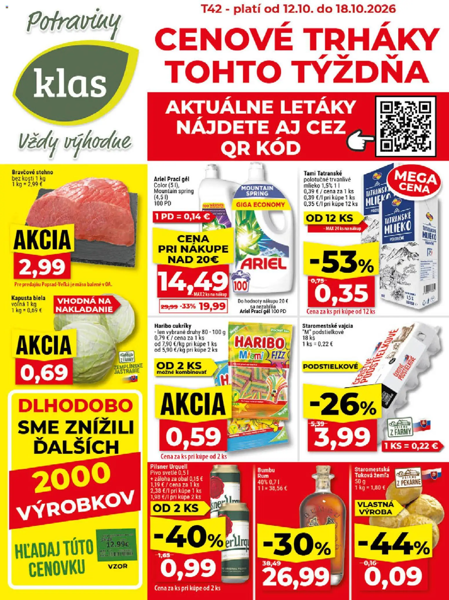 Nové Klas akcie – leták je platný od 12.10.2026 | Strana: 1 | Produkty: Vajcia, Kapusta biela, Cukríky, Ariel