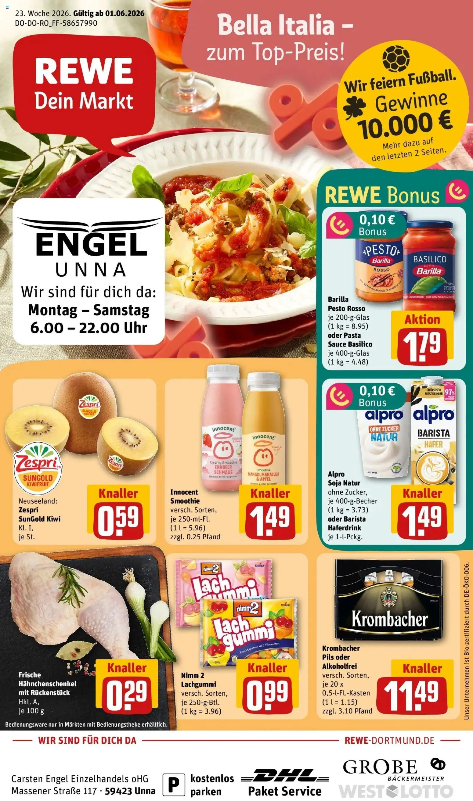 Rewe Prospekt Unna – gültig ab 01.06.2026 | Seite: 1 | Produkte: Hahnchenschenkel, Barilla, Pils, Haferdrink
