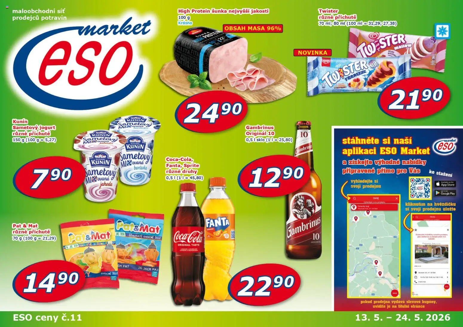 Eso market leták od 13.05.2026 | Strana: 1 | Produkty: Síť, Sprite, Protein, Gambrinus