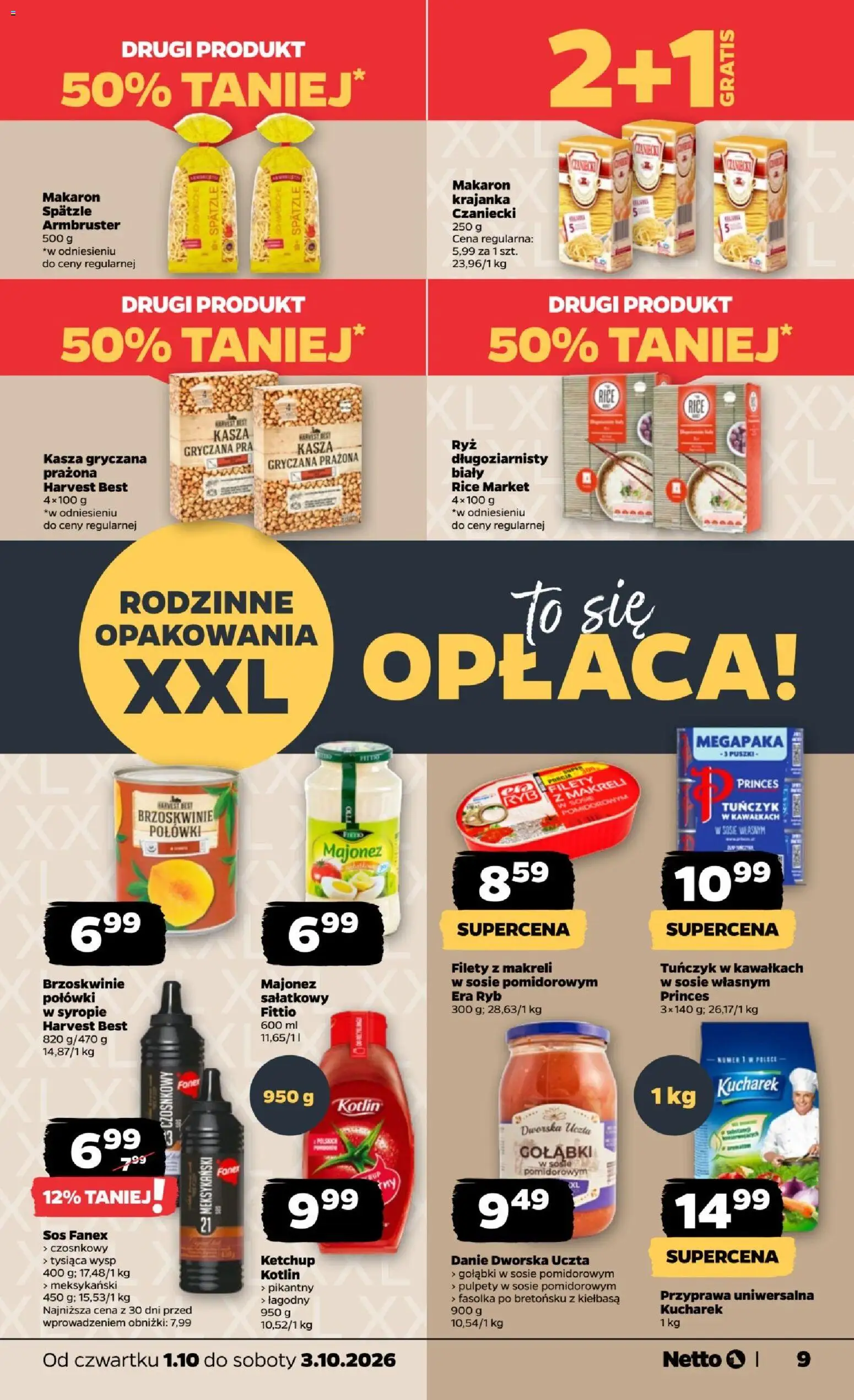 Netto gazetka od czwartku od 01.10.2026 | Strona: 9 | Produkty: Fasolka po bretońsku, Tuńczyk, Brzoskwinie, Przyprawa uniwersalna