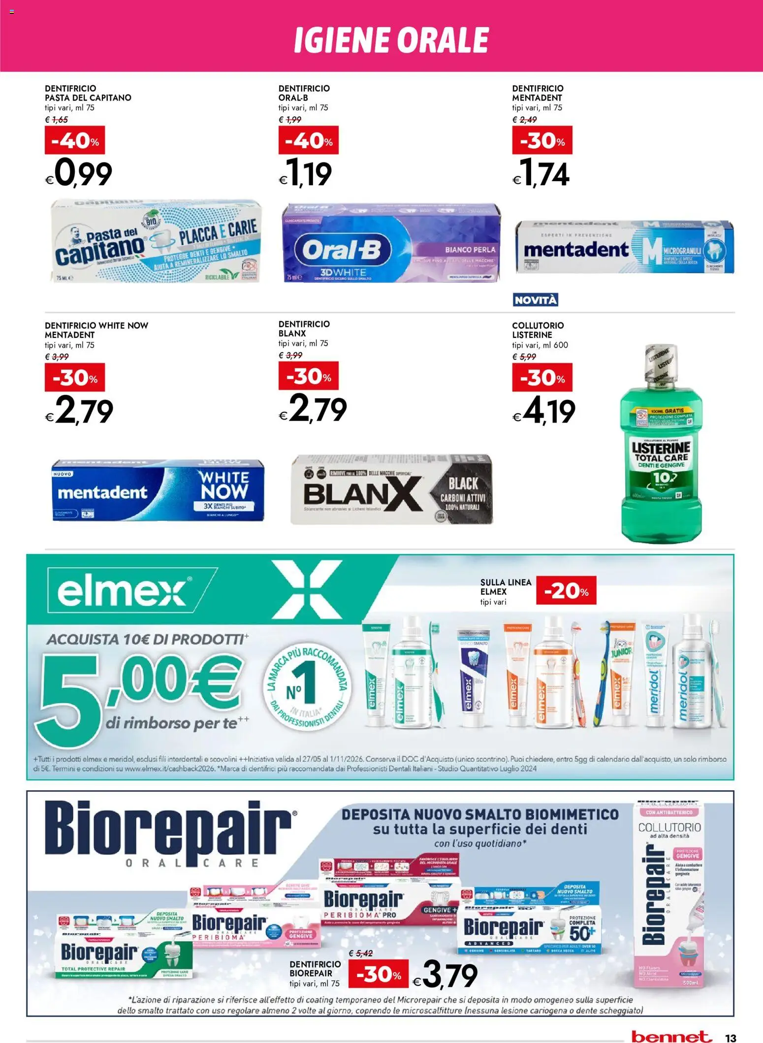 Volantino bennet del 17/09/2026 | Pagina: 13 | Prodotti: Alcol, Dentifricio, Collutorio, Listerine