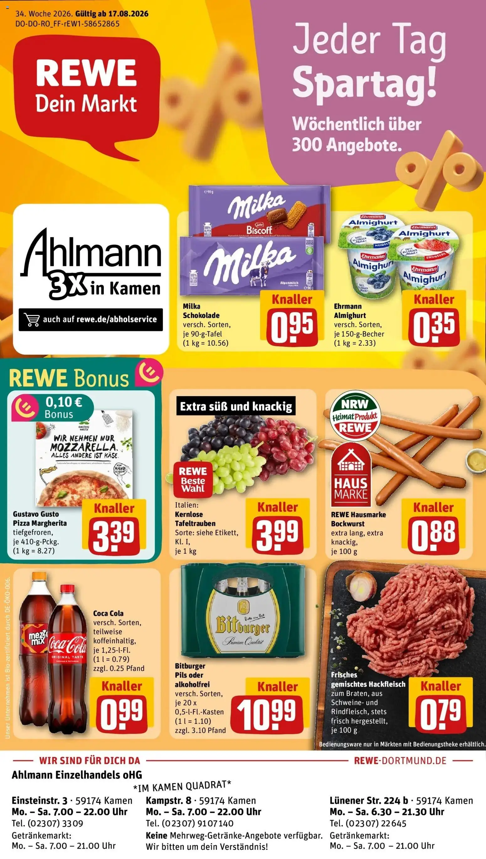 REWE Prospekt ab 17.08.2026 zum Blättern » Angebote | Seite: 1 | Produkte: Gustavo gusto, Bockwurst, Schokolade, Hackfleisch