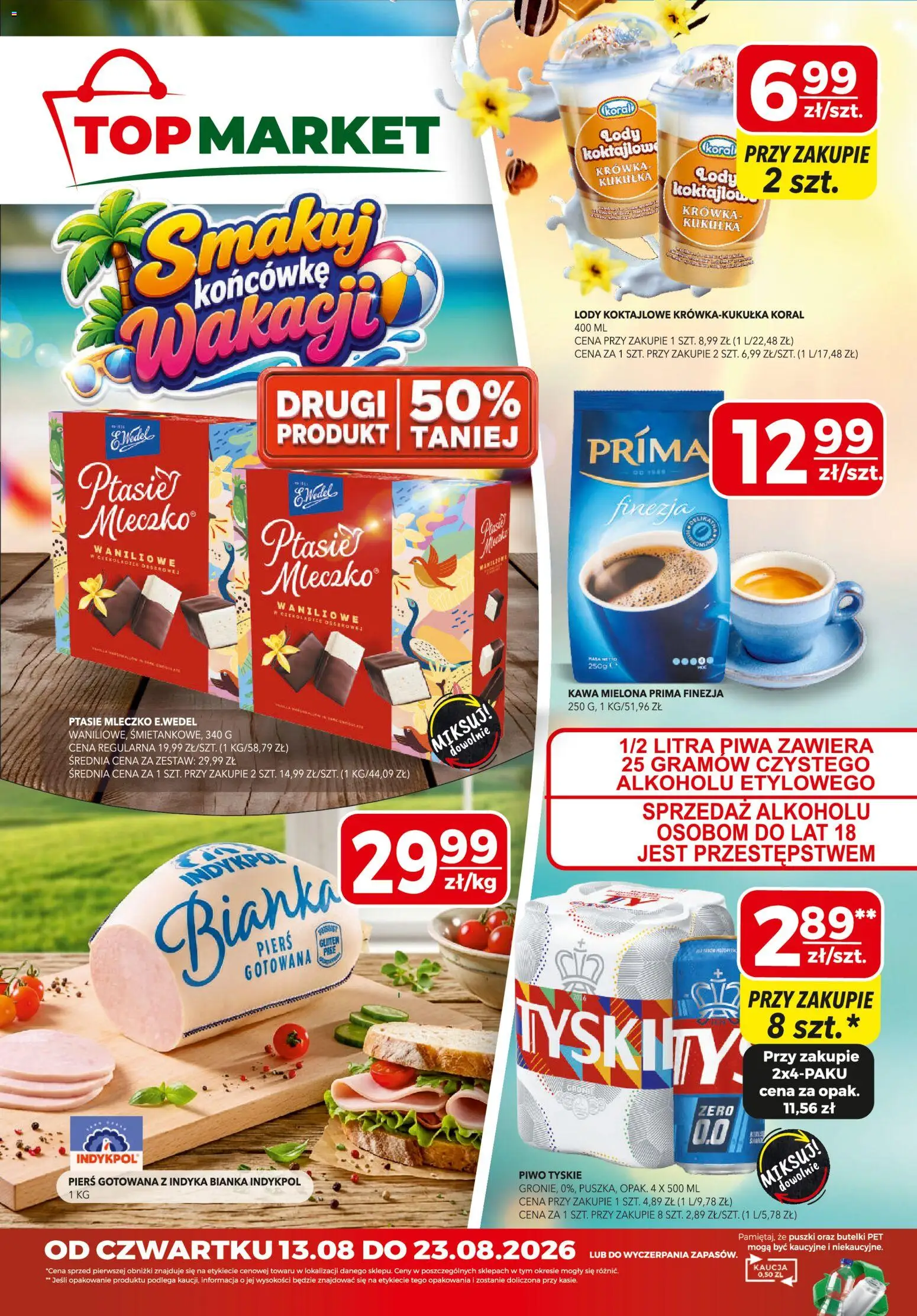 Top Market gazetka od 13.08.2026 | Strona: 1 | Produkty: Piwo tyskie, Kawa mielona Prima, Ptasie mleczko, Kawa
