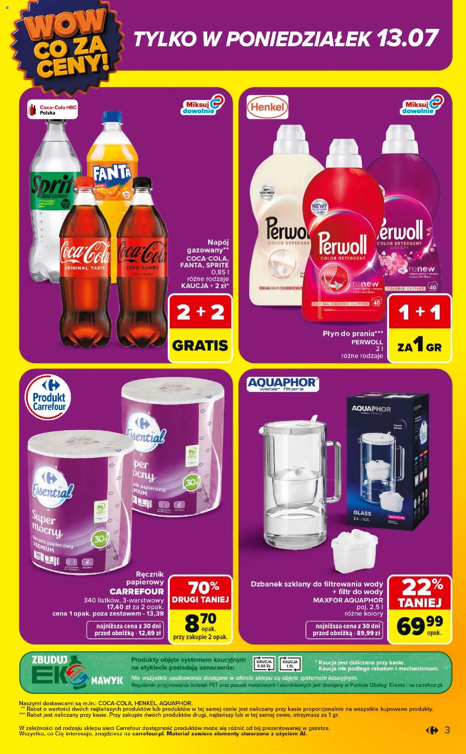 Carrefour gazetka - Wow co za ceny od 13.07.2026 | Strona: 3 | Produkty: Filtr do wody, Sprite, Detergent, Ręcznik papierowy