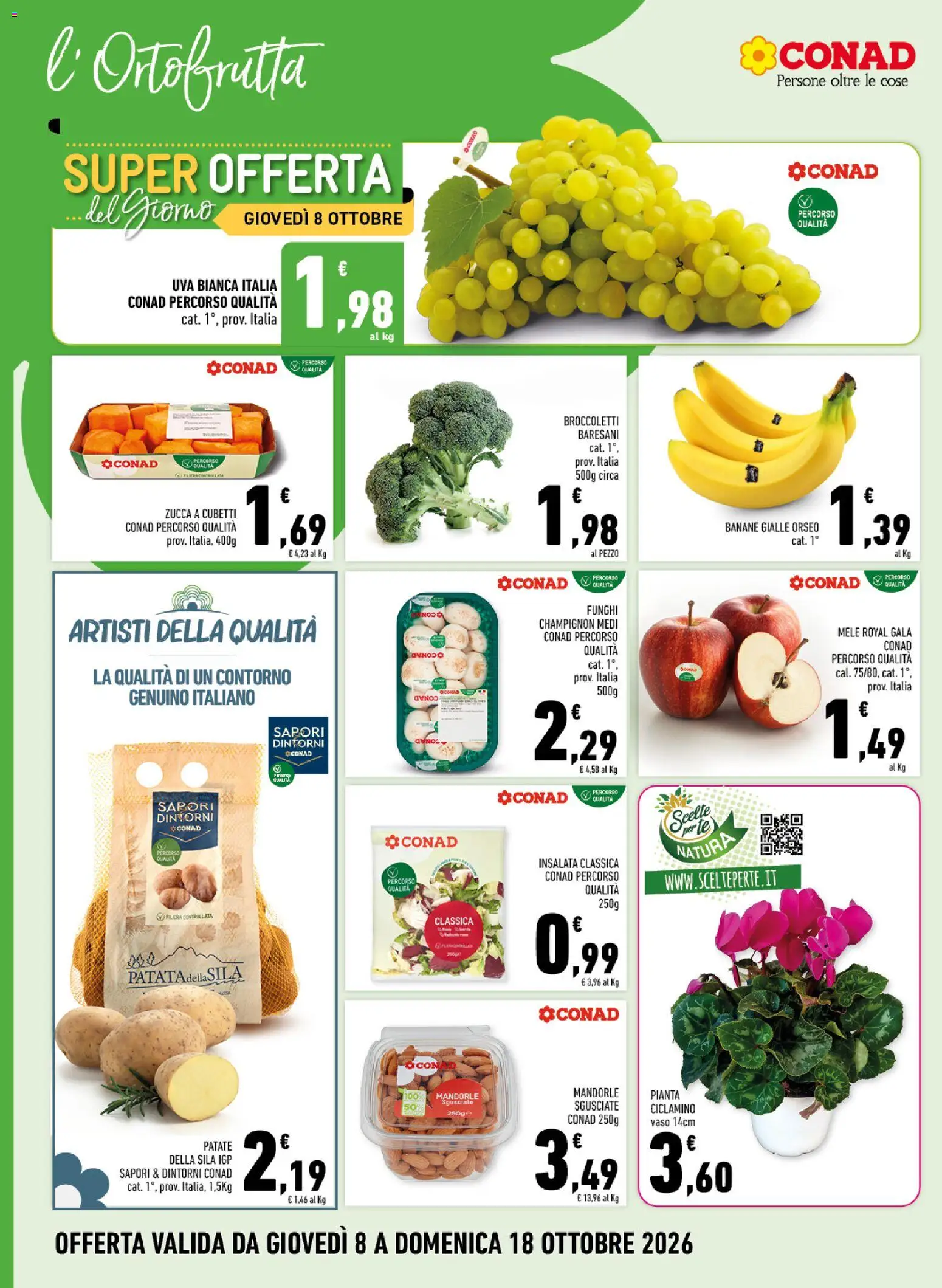 Volantino Conad del 08/10/2026 | Pagina: 4 | Prodotti: Banane, Insalata, Mandorle, Uva