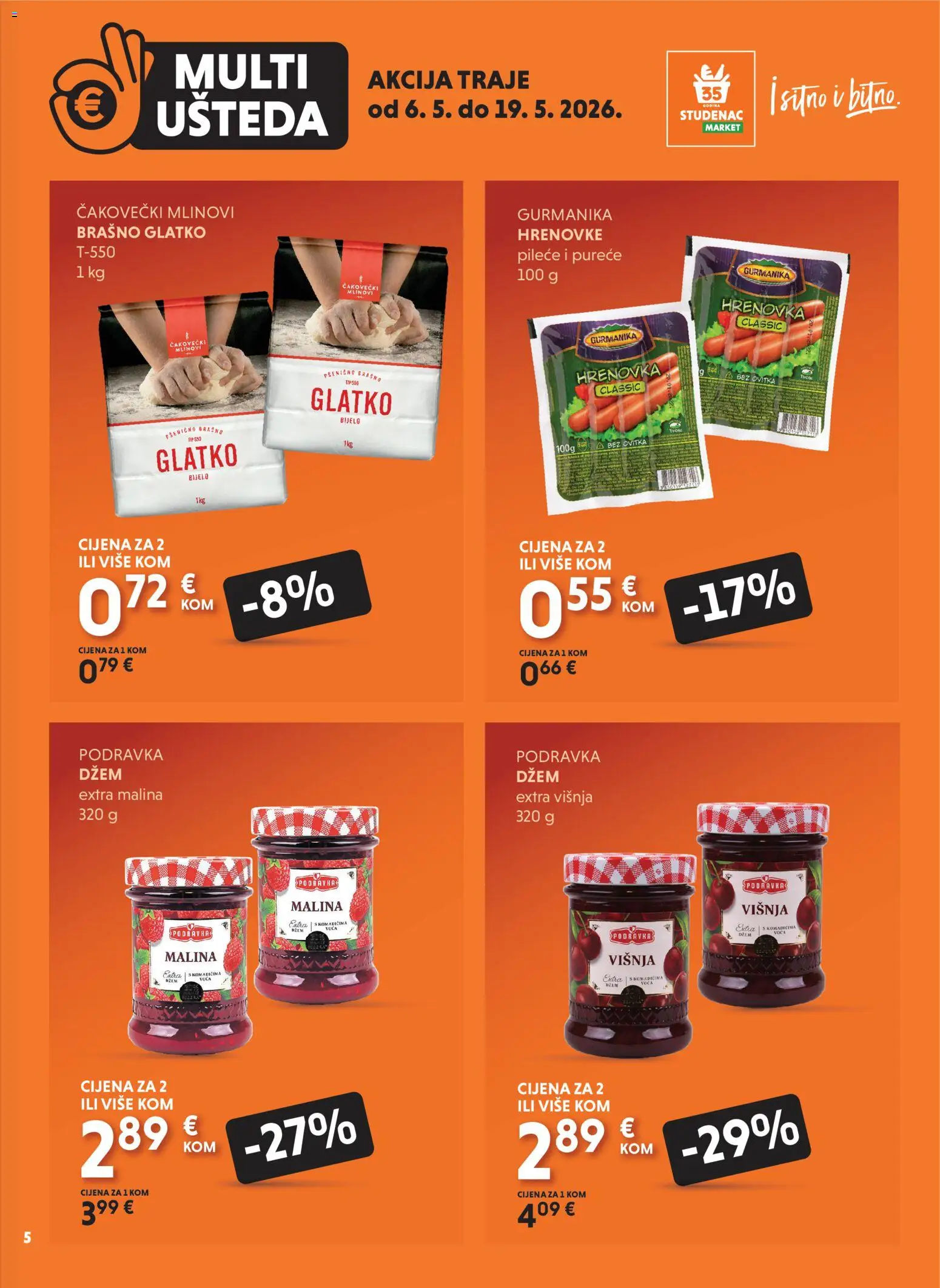 Studenac katalog | vrijedi od 06.05.2026 | Stranica: 5 | Proizvodi: Hrenovke, Podravka, Brašno, Džem