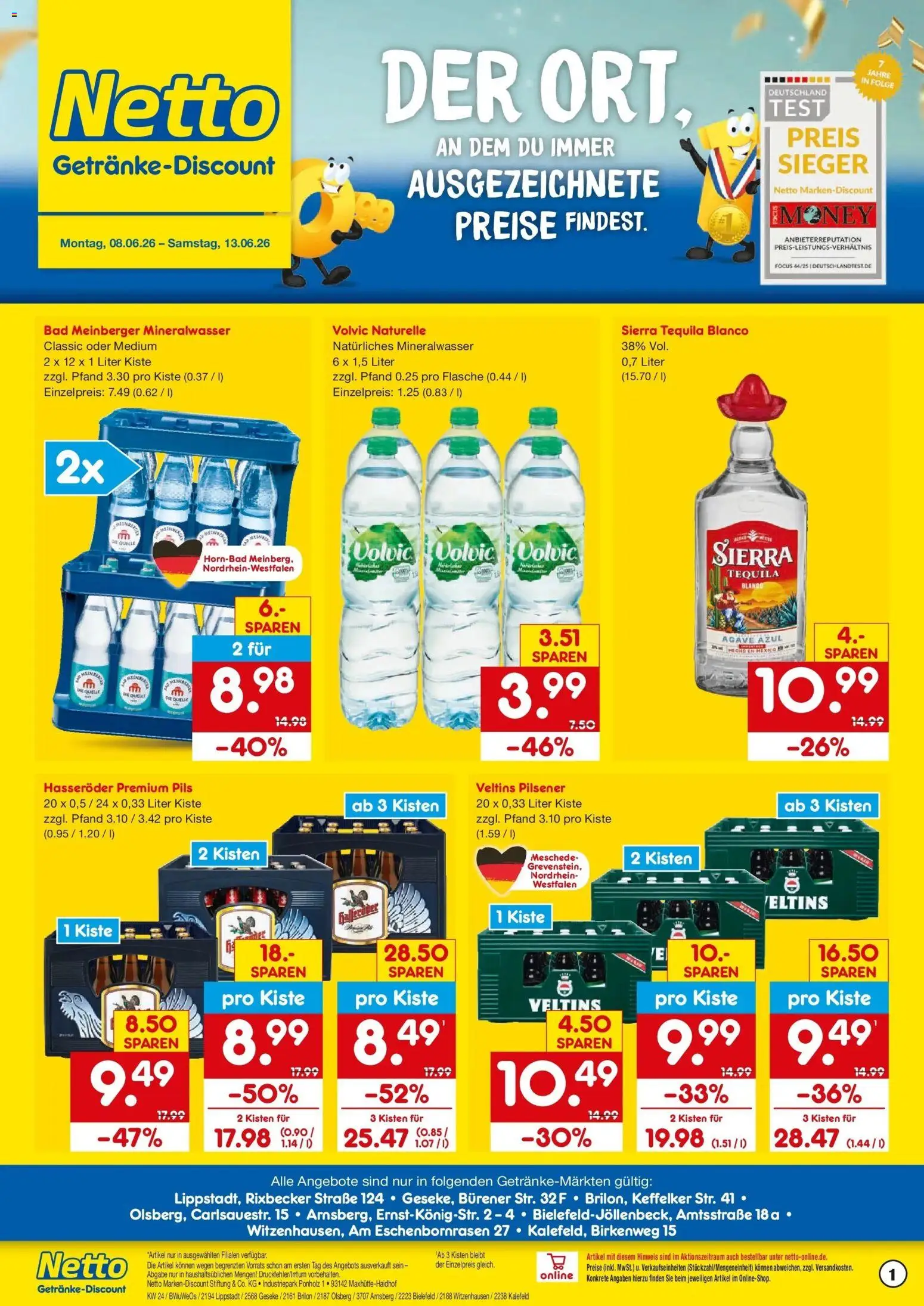 Netto Marken-Discount Prospekt Geseke – gültig ab 08.06.2026 | Seite: 1 | Produkte: Pils, Mineralwasser, Volvic, Veltins