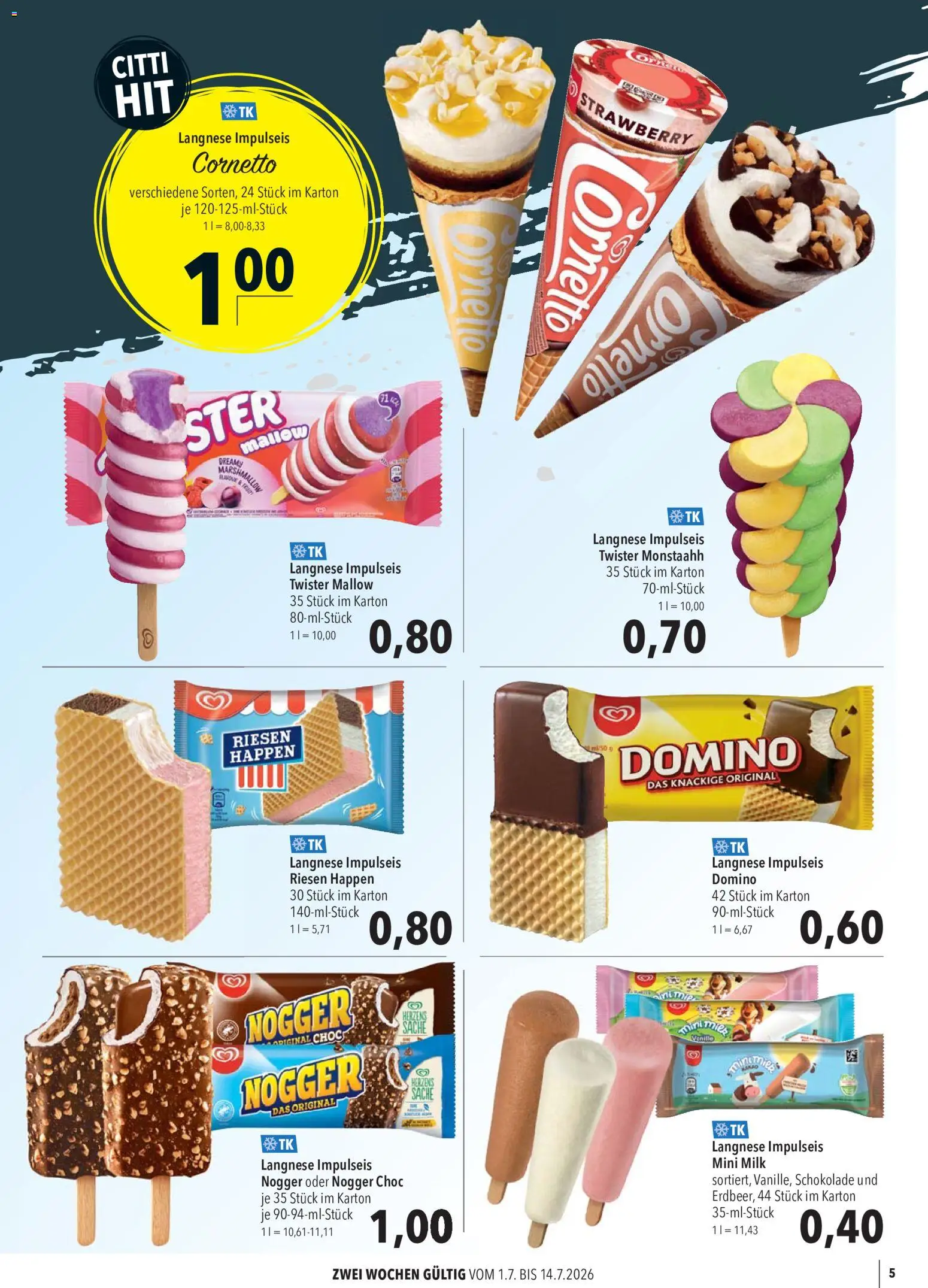 CITTI Markt Kioskwerbung – gültig ab 01.07.2026 | Seite: 5 | Produkte: Langnese, Schokolade
