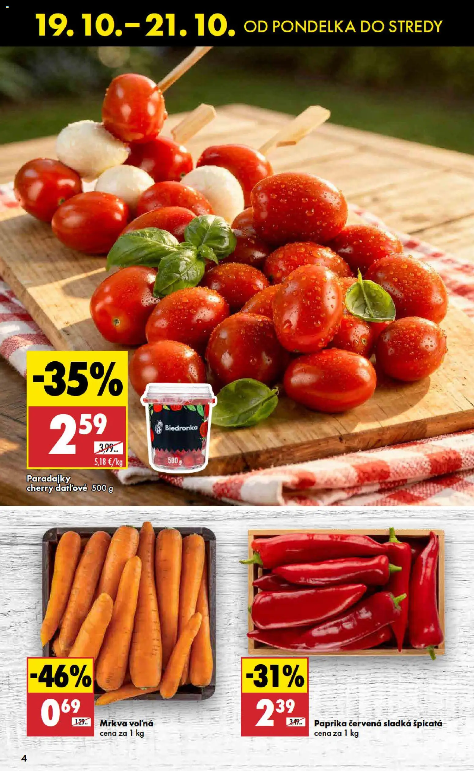 Nové Biedronka akcie – leták je platný od 19.10.2026 | Strana: 4 | Produkty: Paprika, Paradajky, Mrkva