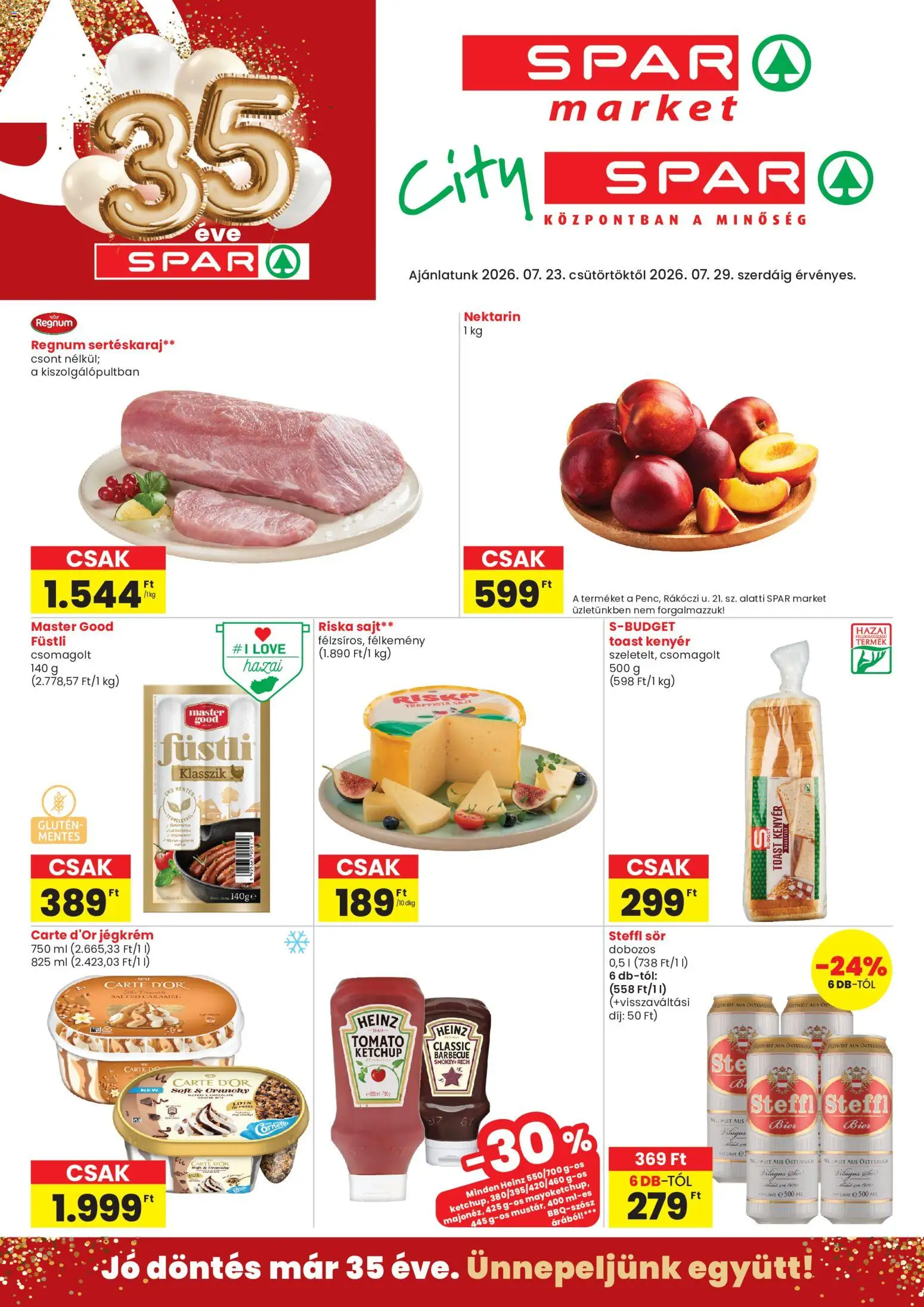 Spar Market akciós ujság - amely érvényes a következő dátumtól: 2026.07.23. | Oldal: 1 | Termékek: Nektarin, Steffl, Sajt, Toast kenyér