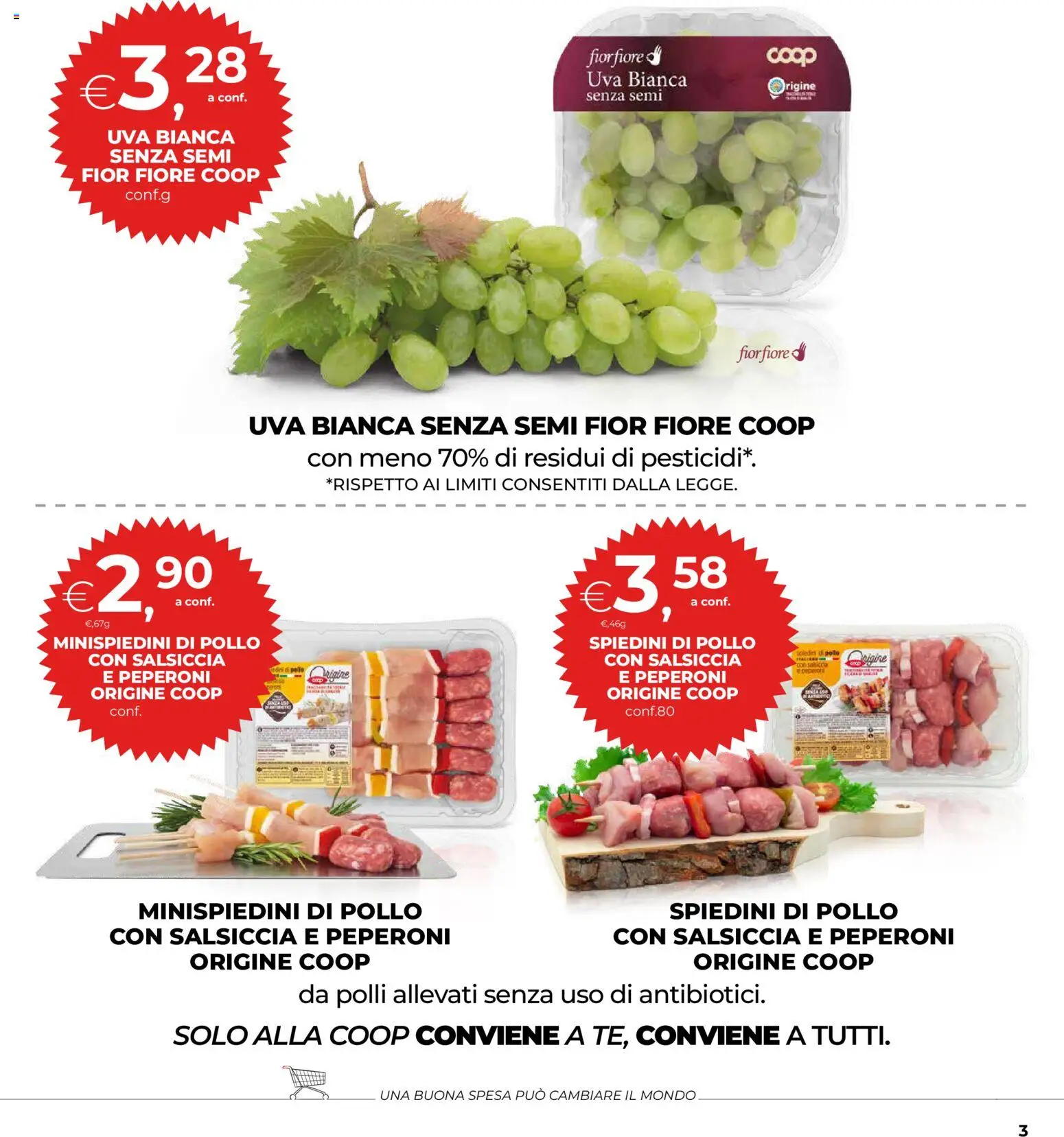 Volantino COOP del 30/07/2026 | Pagina: 3 | Prodotti: Pollo, Salsiccia, Uva, Spiedini