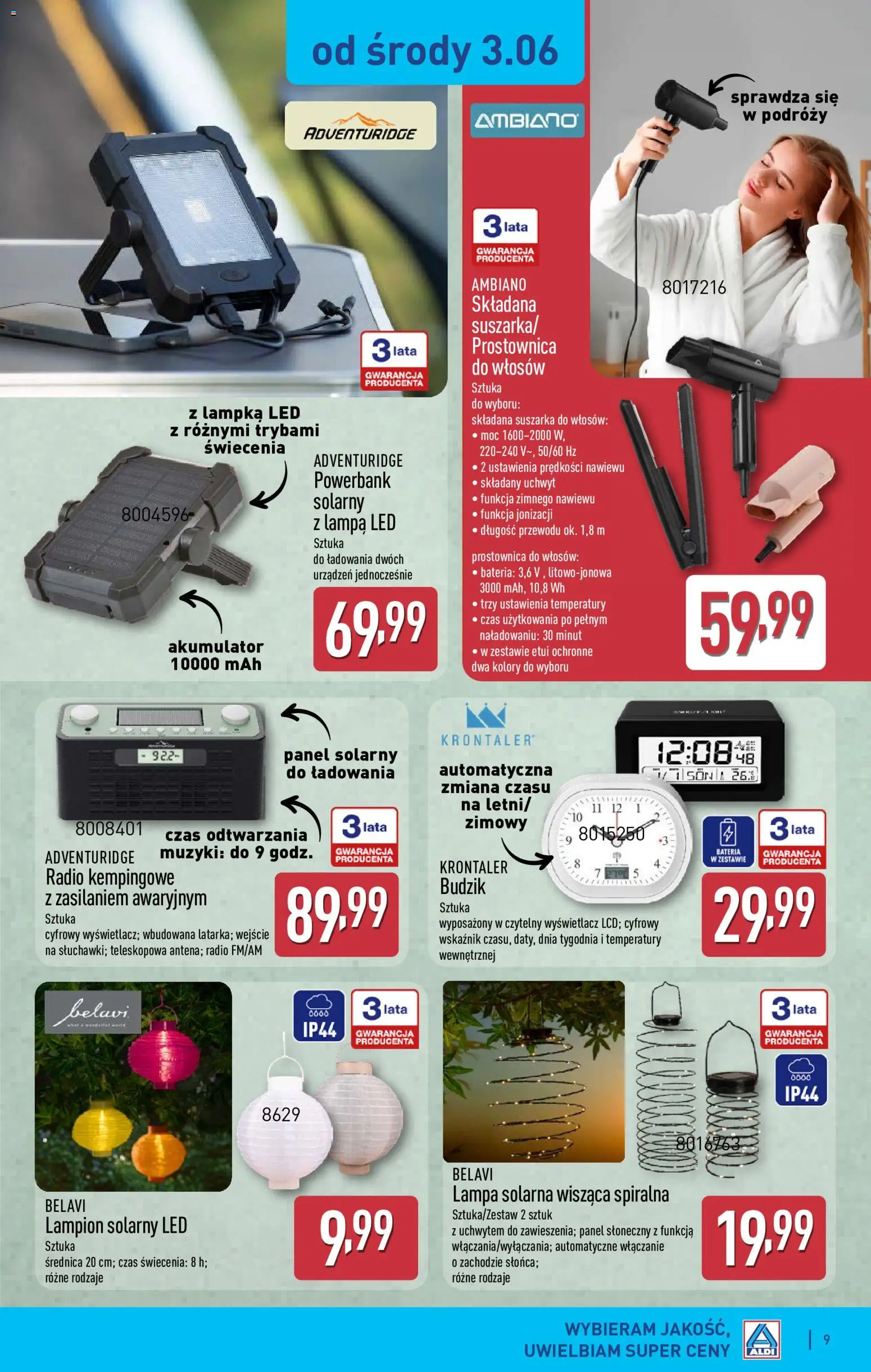Aldi gazetka - Hity od Środy i od Soboty od 03.06.2026 | Strona: 9 | Produkty: Radio, Lampa solarna, Suszarka do włosów, Prostownica