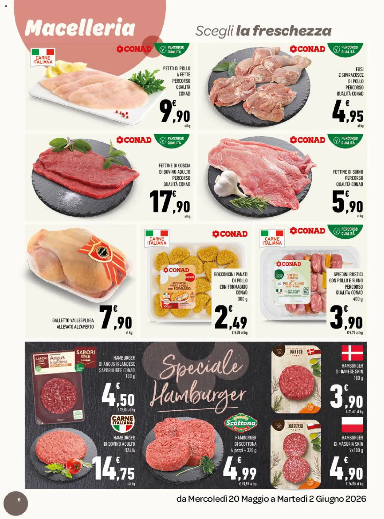 Volantino Conad del 20.05.2026 | Pagina: 6 | Prodotti: Bovino, Petto di Pollo, Suino, Formaggio