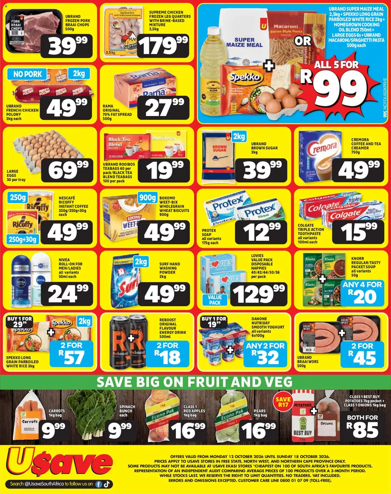 New Usave catalogue – valid from 12/10/2026 | Page: 2 | Products: Pears, Maize meal, Tea, Potatoes
