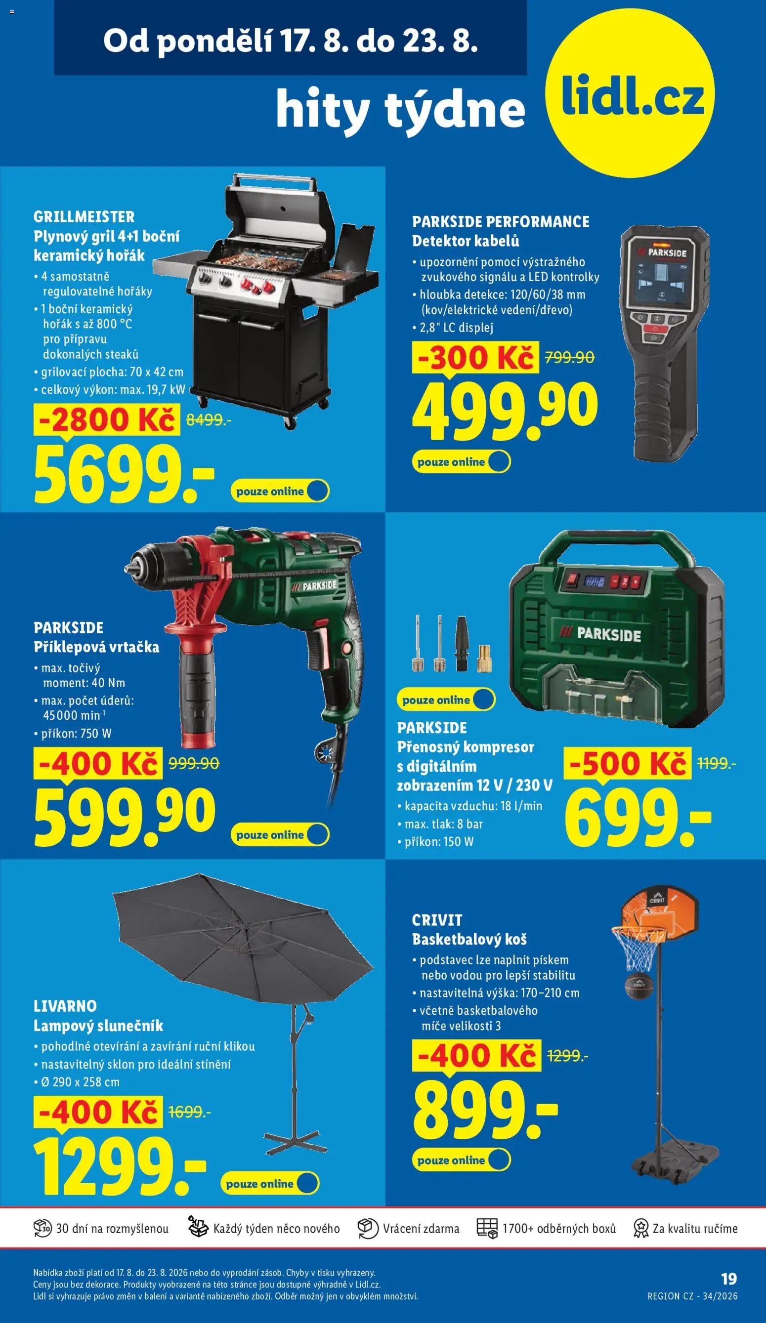 Lidl leták - Hity týdne od 17.08.2026 | Strana: 1 | Produkty: Gril, Koš, Slunečník, Vrtačka