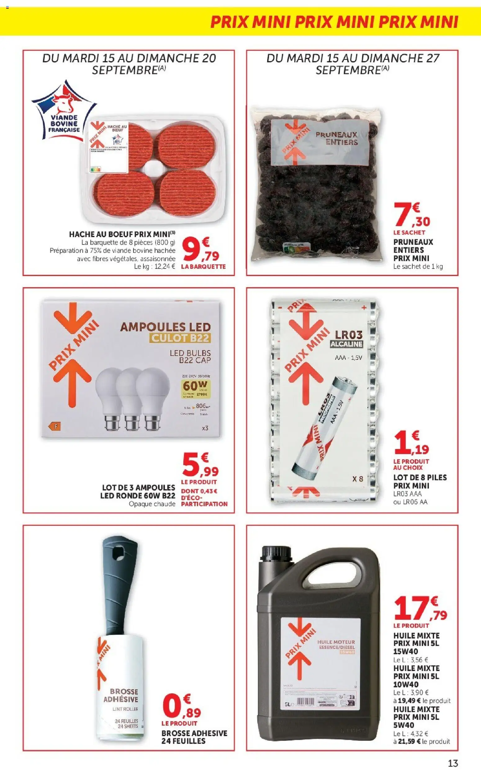 {H1} | Page: 13 | Produits: Huile moteur, Ampoules, Brosse, Viande