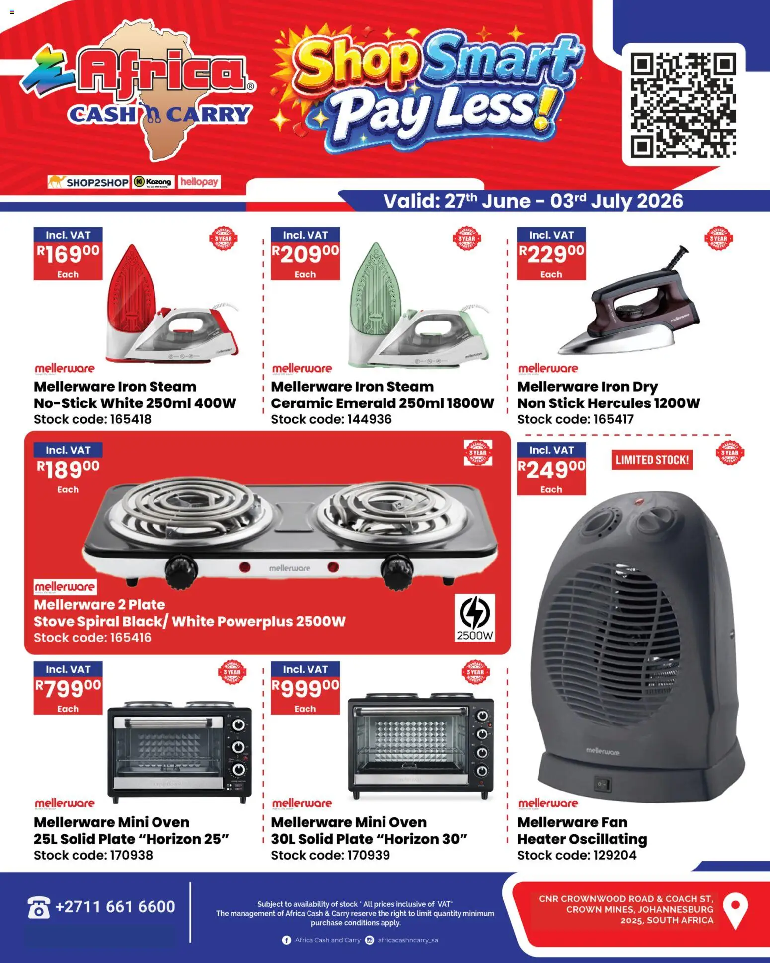 New Africa Cash & Carry catalogue – valid from 27/06/2026 | Page: 2 | Products: Stove, Fan, Heater, Stock
