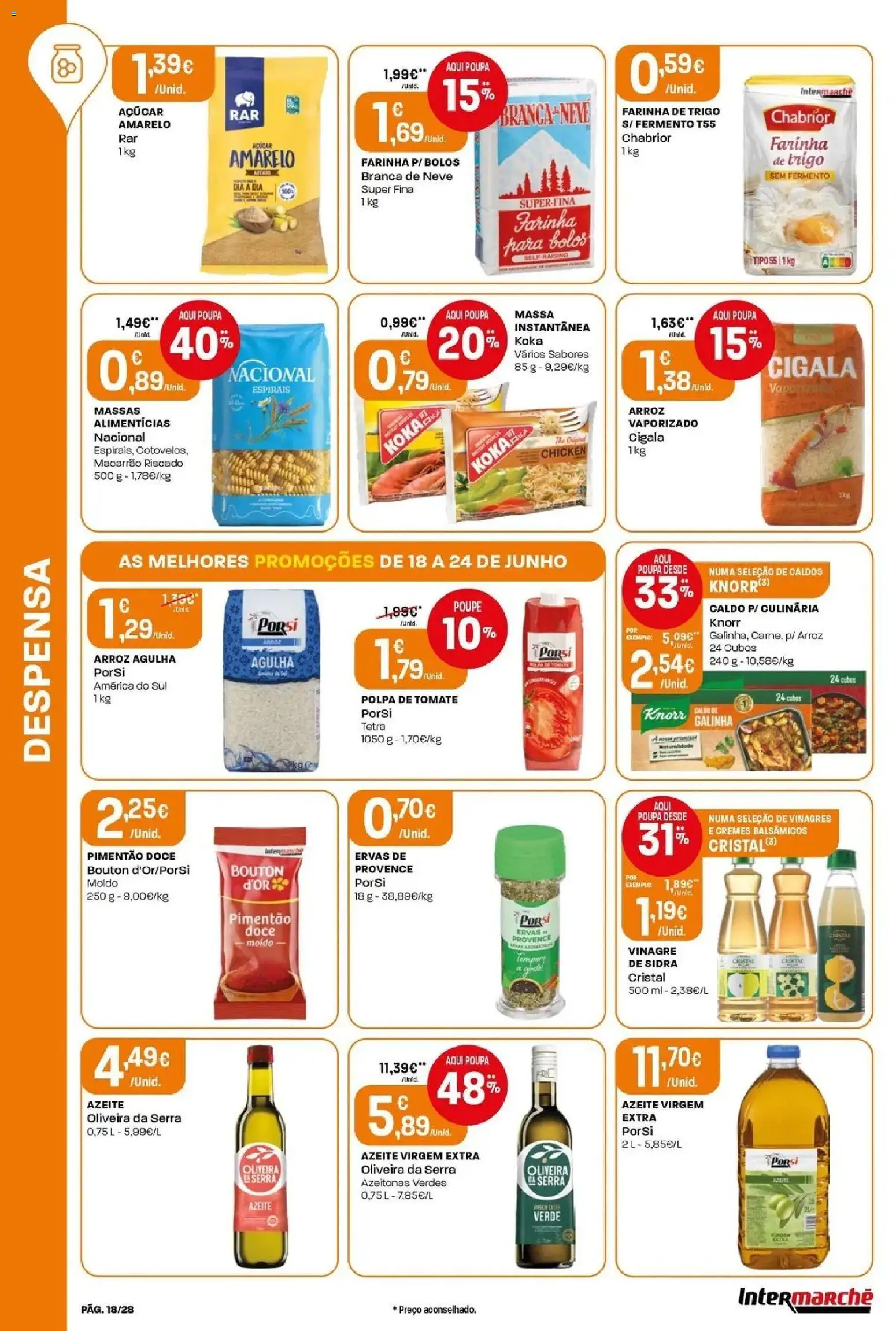 Intermarché - Isto é que são preços BAIXOS │ válido de 18/06/2026 | Página: 18 | Produtos: Azeitonas, Farinha de trigo, Arroz, Tomate