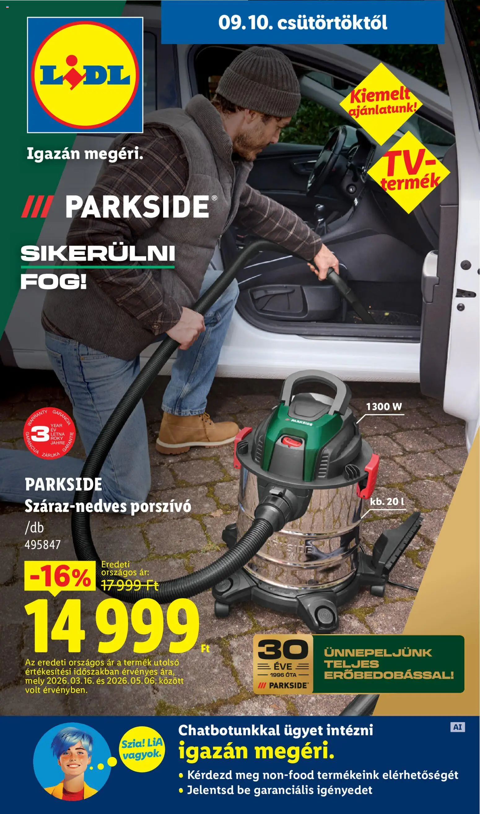 Lidl akciós ujság - amely érvényes a következő dátumtól: 2026.09.10. | Oldal: 1 | Termékek: Parkside, Porszívó
