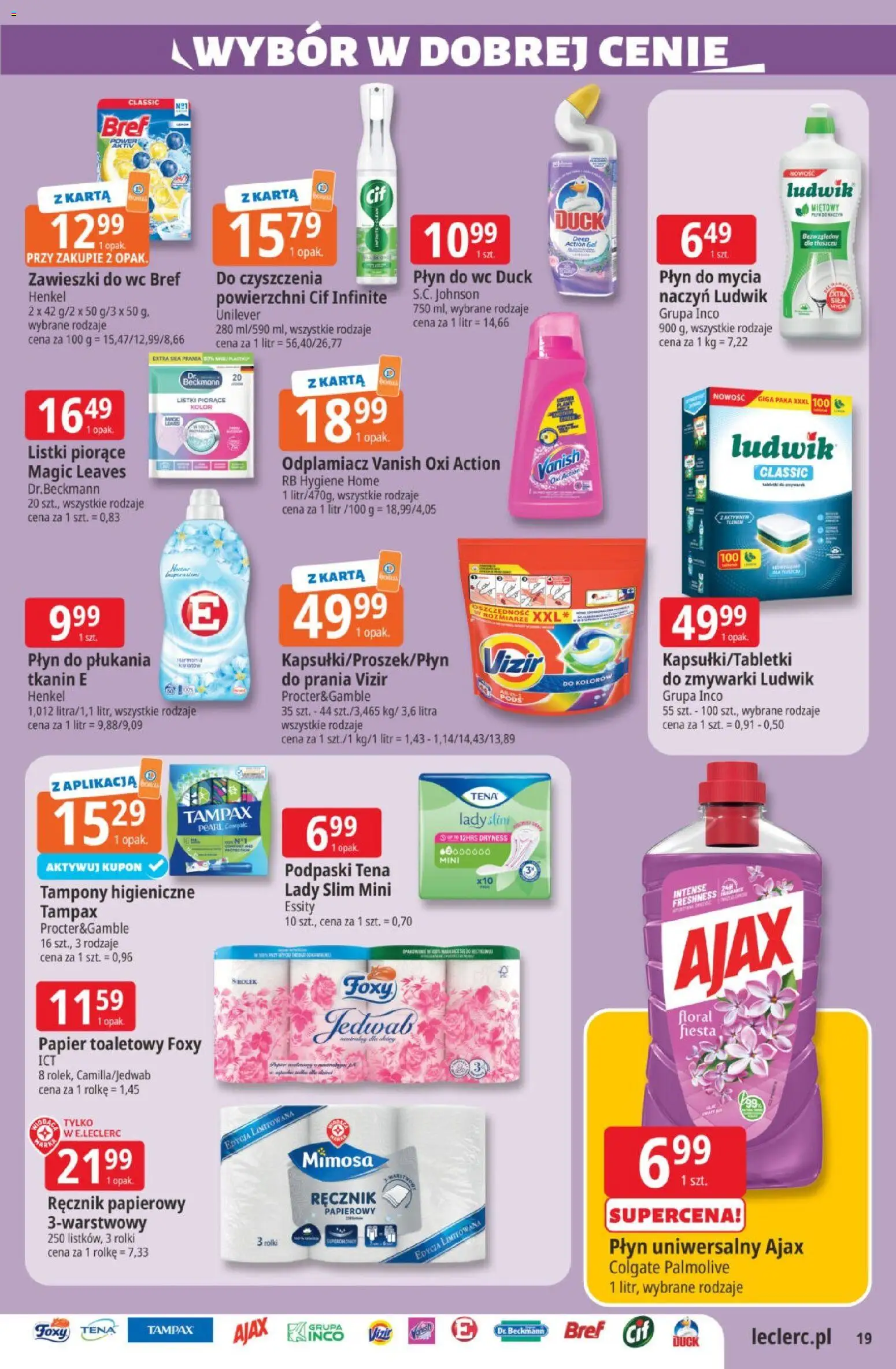 E.Leclerc gazetka od 19.05.2026 | Strona: 19 | Produkty: Tampony, Rolki, Podpaski, Ręcznik papierowy