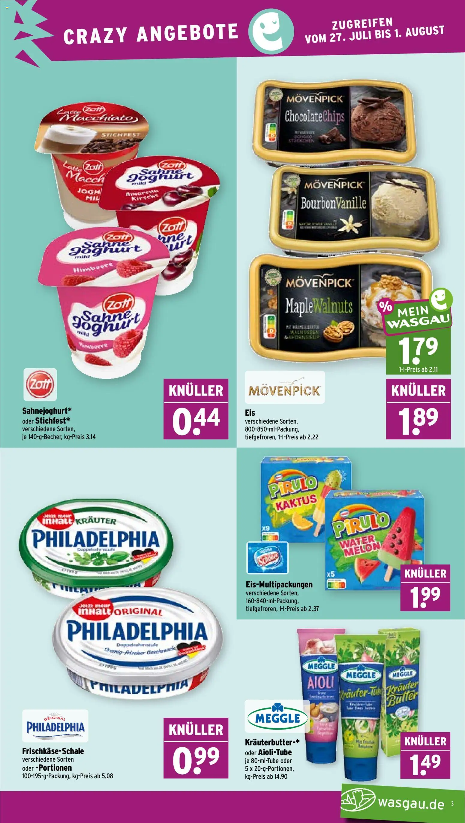 Wasgau Prospekt – gültig ab 27.07.2026 | Seite: 3 | Produkte: Butter, Joghurt, Philadelphia, Kräuterbutter