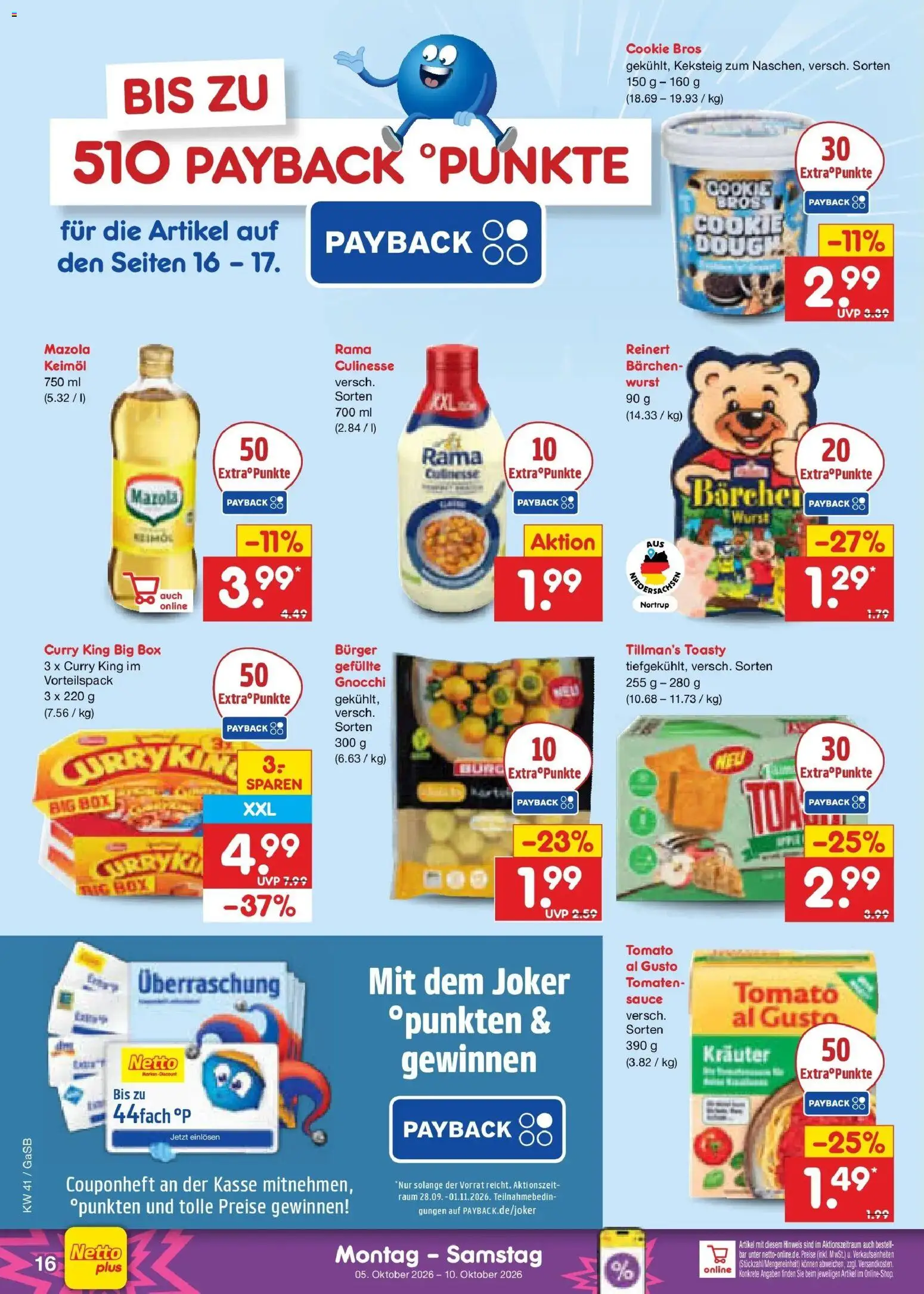 Netto Marken-Discount Prospekt Oldenburg (ab 05.10.2026) » Angebote | Seite: 16 | Produkte: Rama, Burger, Tomaten, Wurst