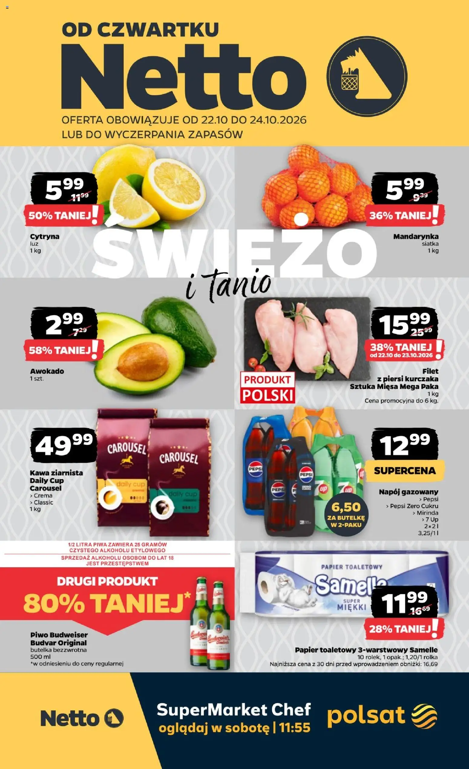 Netto gazetka od czwartku od 22.10.2026 | Strona: 1 | Produkty: Kawa ziarnista, Pepsi, Siatka, Kawa