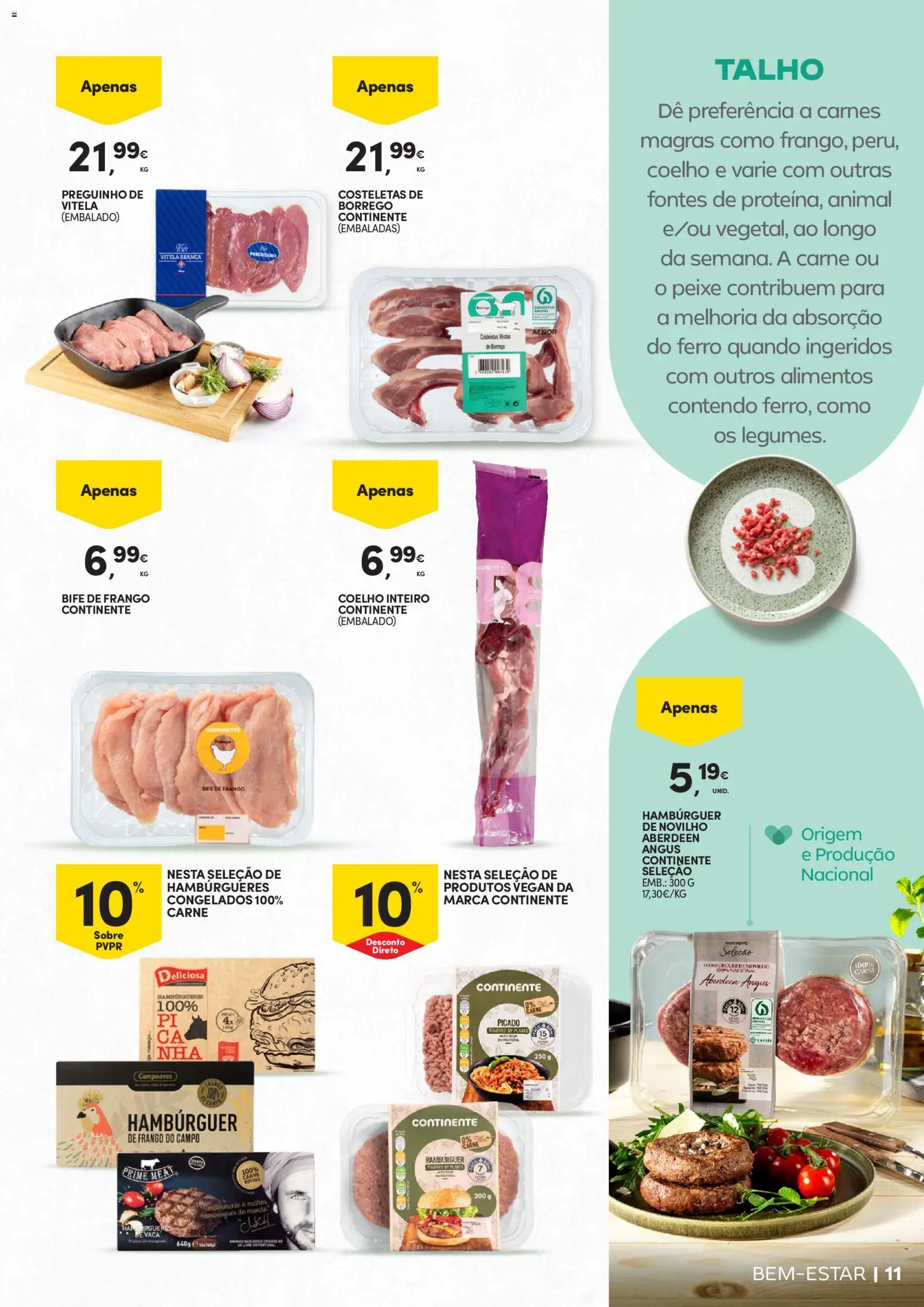 Continente Bem-Estar Assim toda a gente come melhor │ válido de 20/10/2026 | Página: 11 | Produtos: Hambúrguer, Peixe, Coelho, Bife