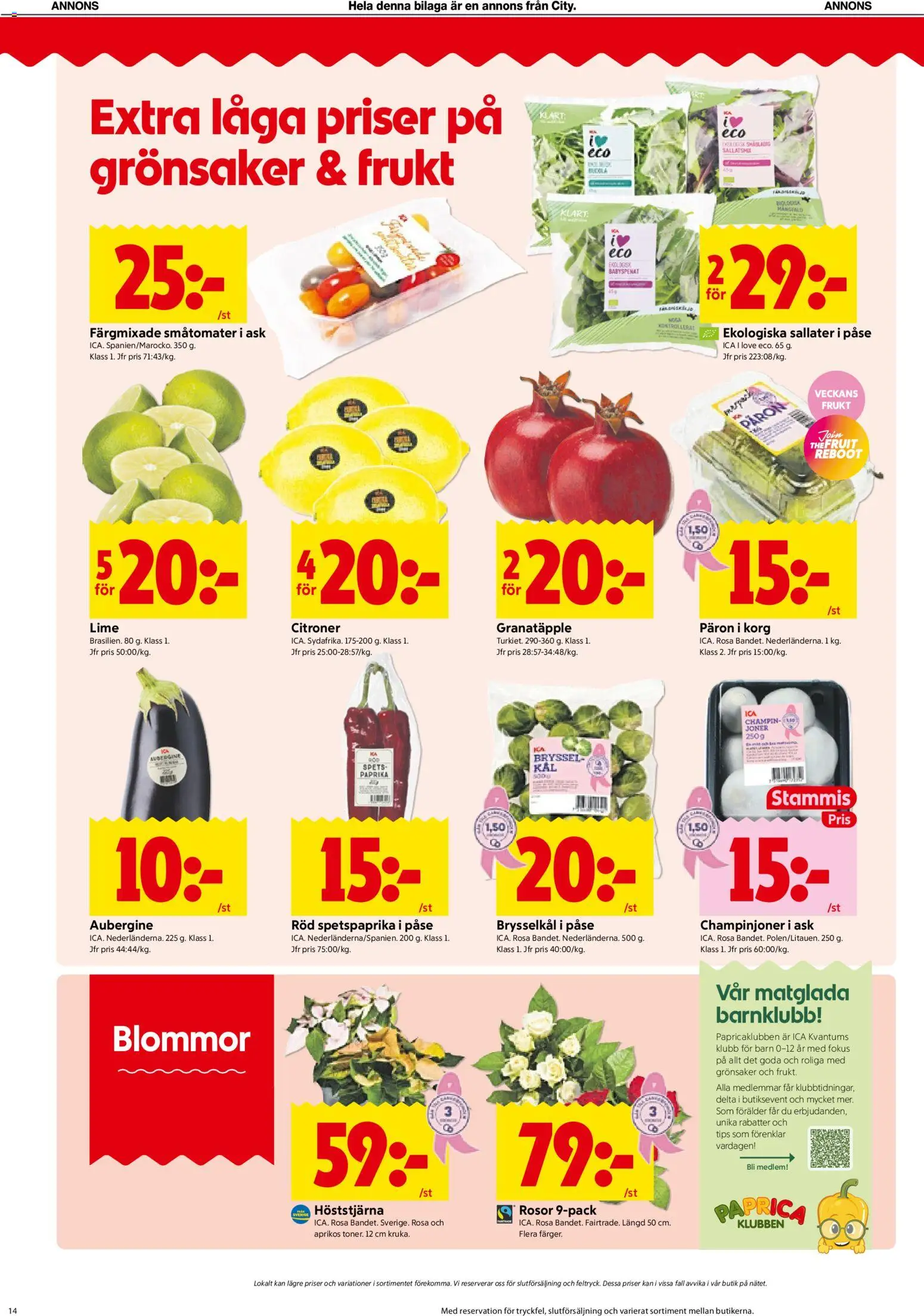 ICA Kvantum reklamblad aktuell från 12/10/2026 | Sida: 14 | Produkter: Frukt, Babyspenat, Champinjoner, Grönsaker