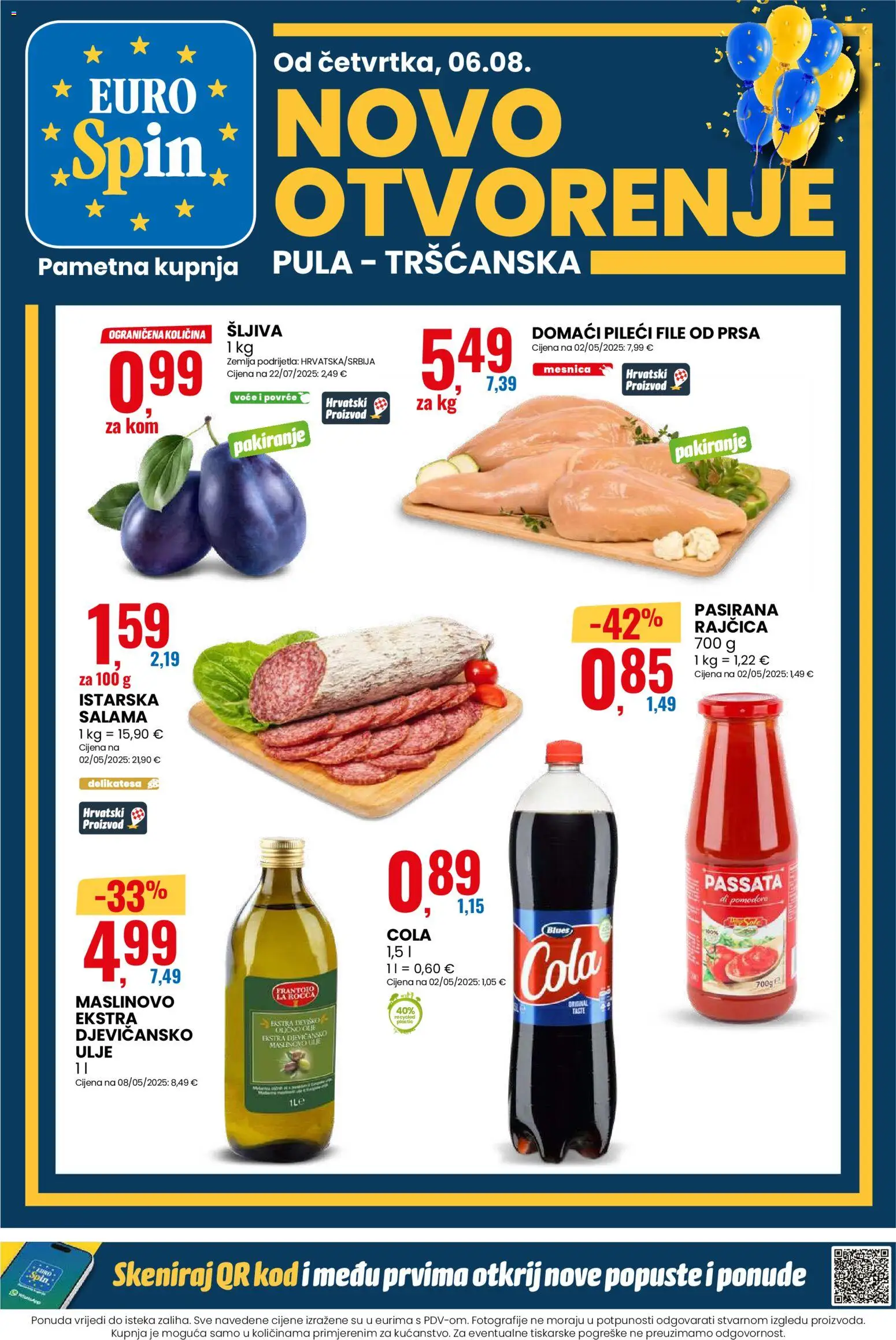 Eurospin katalog | vrijedi od 06.08.2026 | Stranica: 1 | Proizvodi: Pasirana rajčica, Ulje, Pileći file, Voće