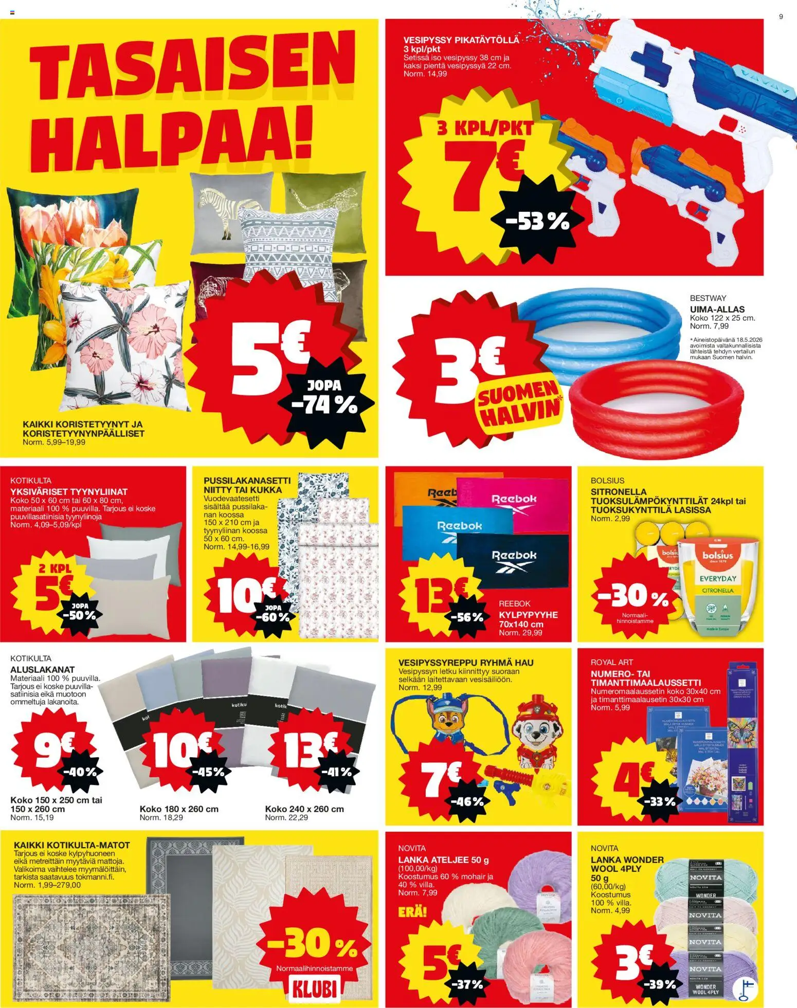 Tokmanni tarjoukset – voimassa 01.06.2026 alkaen | Sivu: 9 | Tuotteet: Pussilakanasetti, Letku, Uima-allas, Vesipyssy