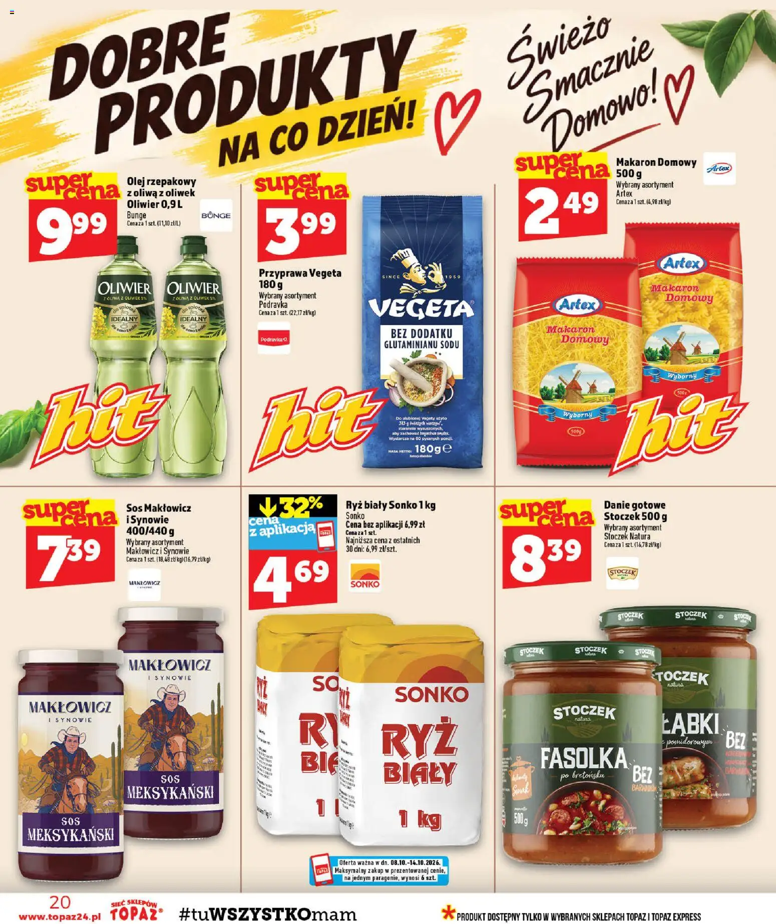 Topaz gazetka - MAZ od 08.10.2026 | Strona: 20 | Produkty: Olej rzepakowy, Oliwa z oliwek, Ryż, Makaron