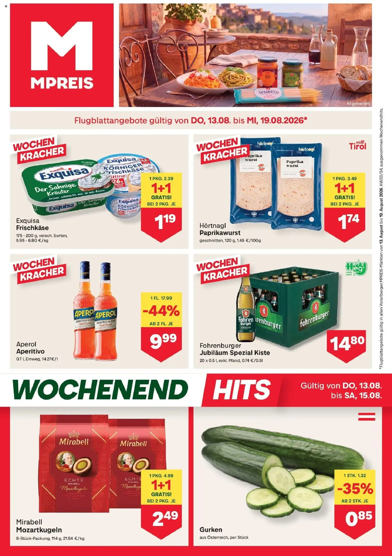 MPREIS St.Gallenkirch von 13.08.2026 - Aktuelle Angebote | Seite: 1 | Produkte: Gurken, Wurst, Aperol, Spaghetti