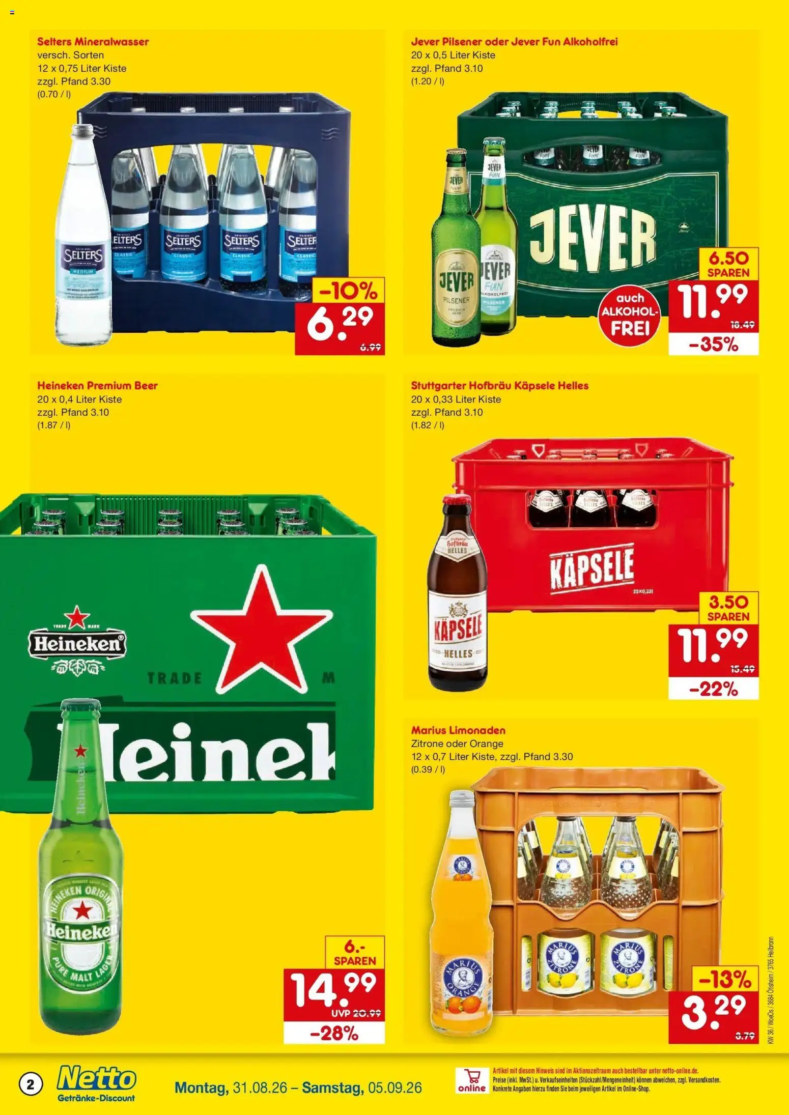 Netto Marken-Discount Prospekt Heilbronn – gültig ab 31.08.2026 | Seite: 2 | Produkte: Mineralwasser, Heineken, Alkohol, Jever