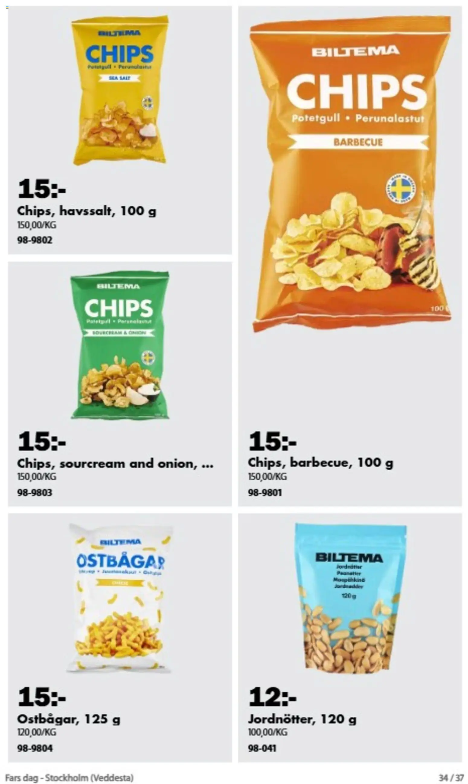 Biltema reklamblad aktuell från 26/10/2026 | Sida: 34 | Produkter: Ostbågar, Chips