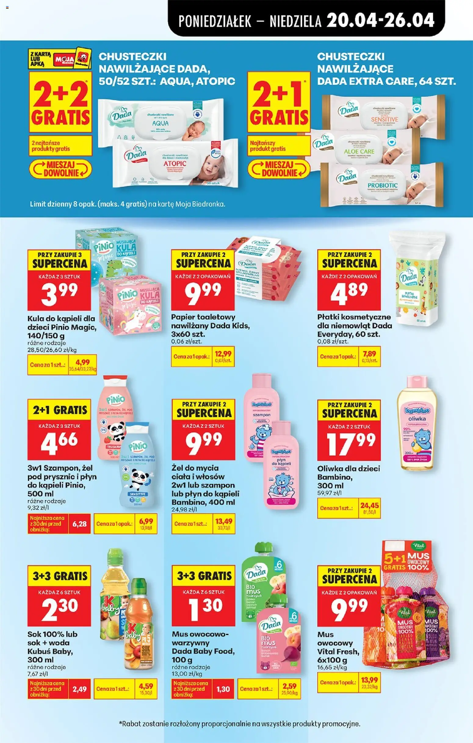Biedronka gazetka od poniedziałku od 20.04.2026 | Strona: 97 | Produkty: Kula do kąpieli, Sok, Płatki kosmetyczne dla niemowląt Dada, Banan