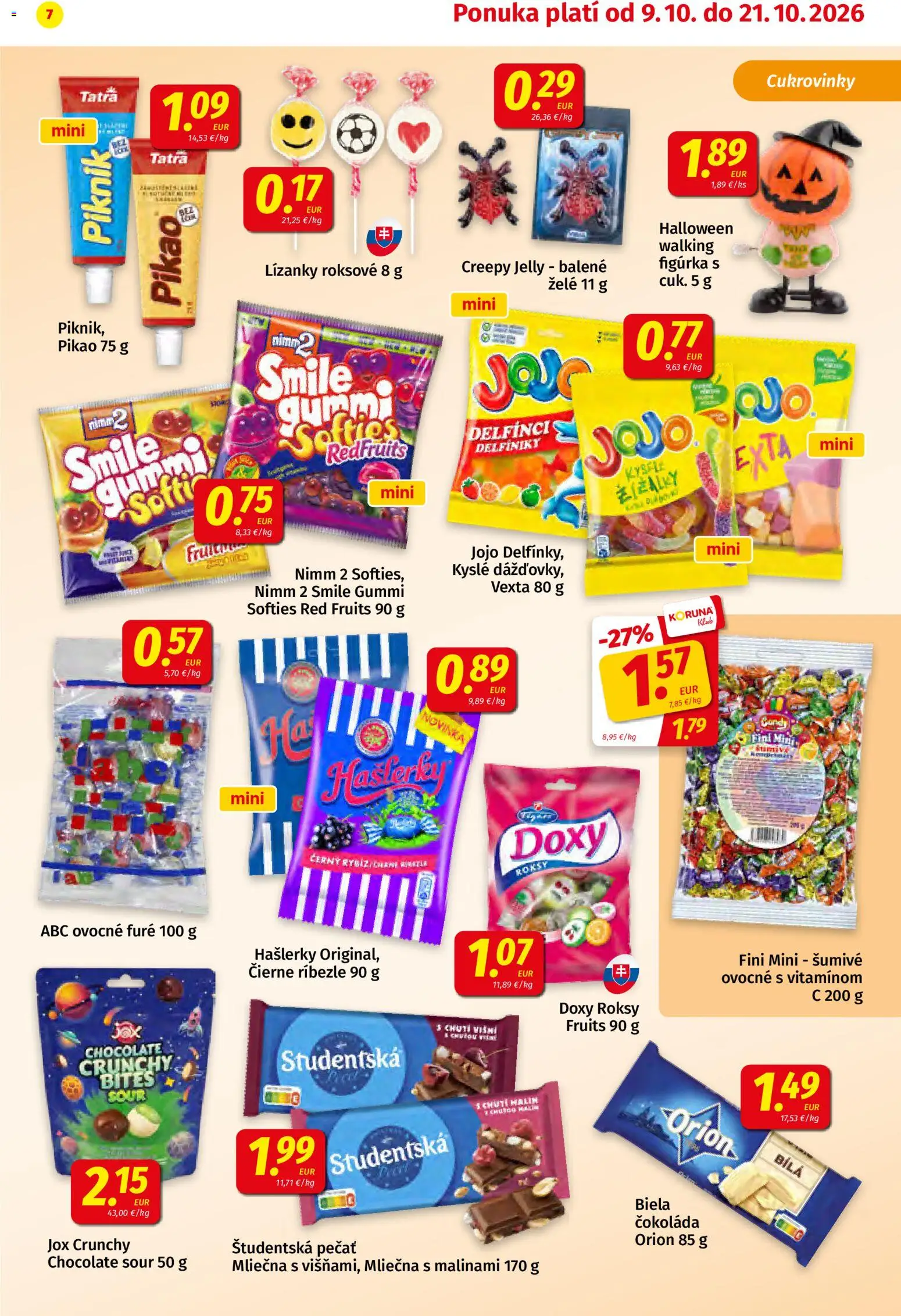 Nové Koruna akcie – leták je platný od 09.10.2026 | Strana: 7 | Produkty: Lízanky, Čokoláda, Biela čokoláda, Študentská pečať