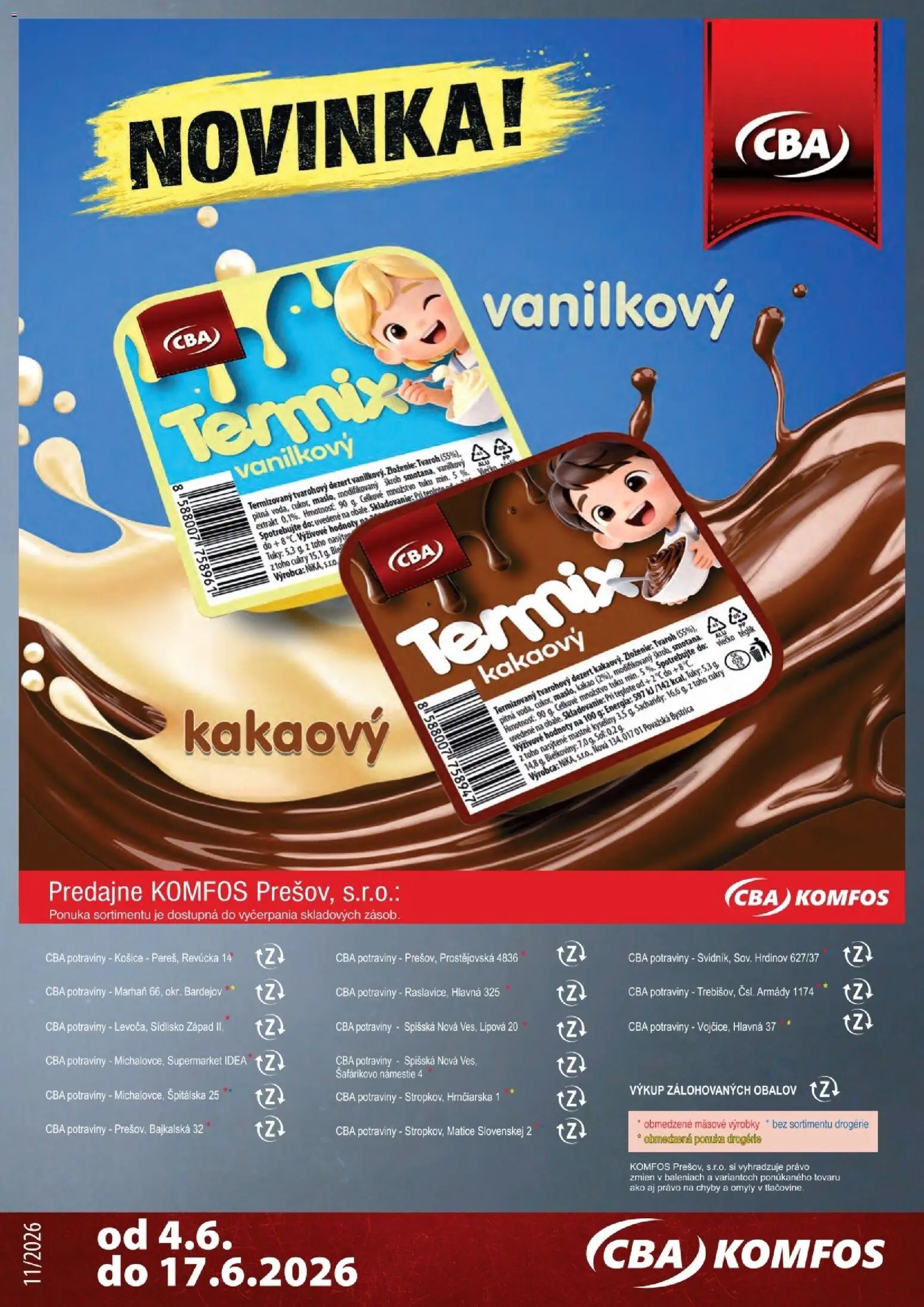 Nové CBA Komfos akcie – leták je platný od 04.06.2026 | Strana: 24 | Produkty: Tvaroh, Soľ, Kakao