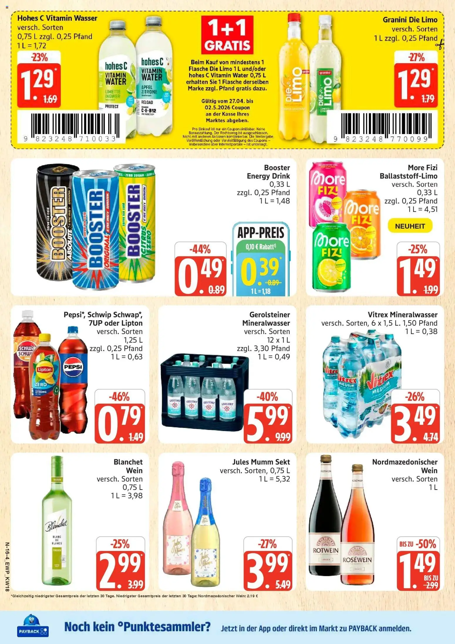 Edeka Prospekt Rostock – gültig ab 27.04.2026 | Seite: 16 | Produkte: Rotwein, Jules mumm, Mineralwasser, Gerolsteiner