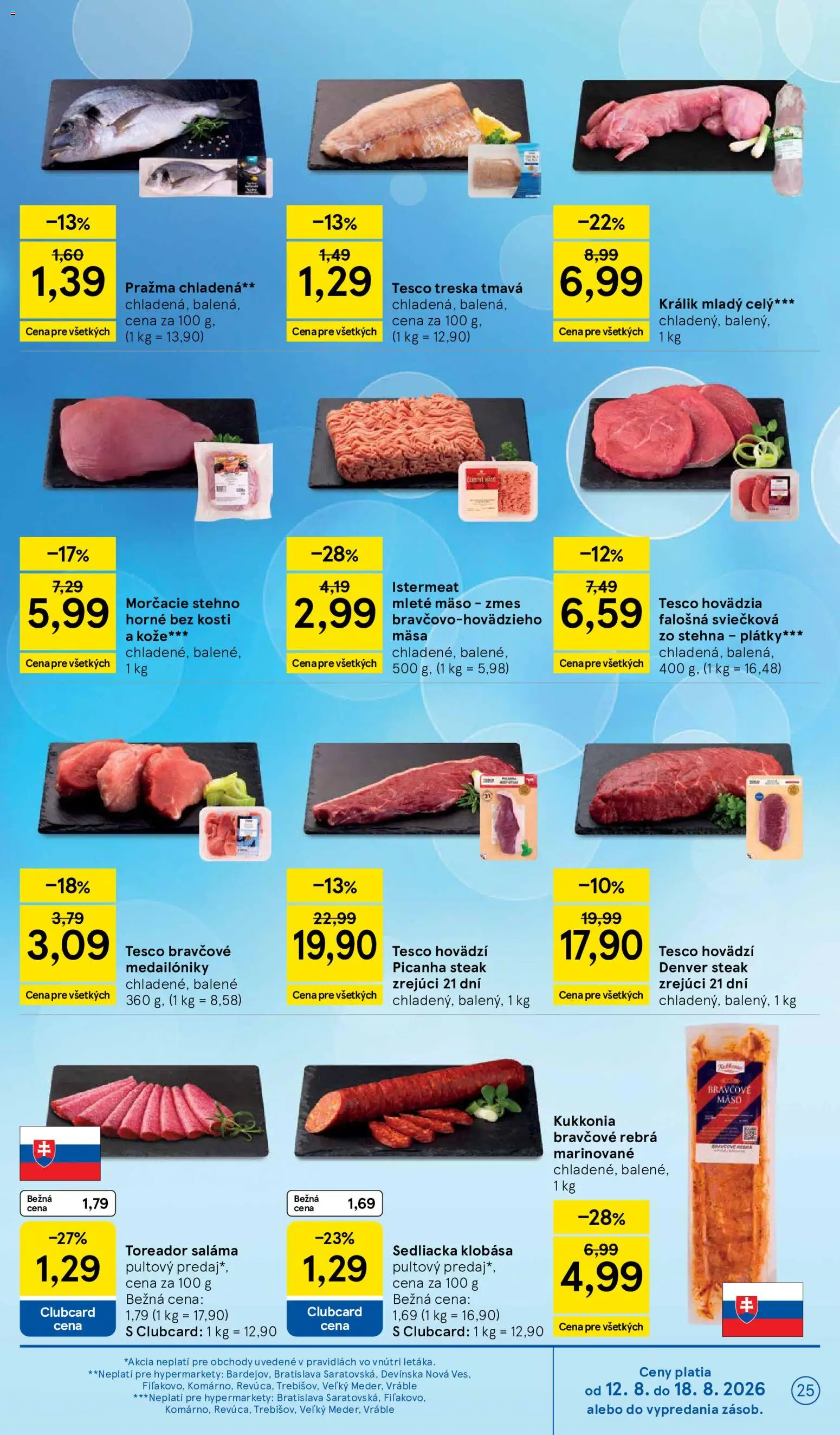 Nové Tesco akcie – leták je platný od 12.08.2026 | Strana: 25 | Produkty: Falošná sviečková, Klobása, Králik, Treska