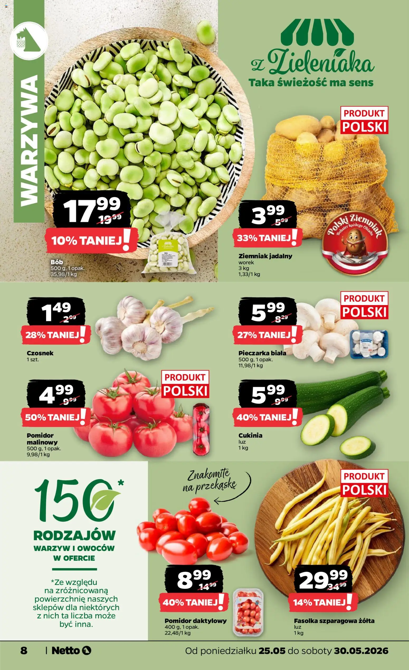 Netto gazetka od poniedziałku spożywcza od 25.05.2026 | Strona: 8 | Produkty: Czosnek, Cukinia, Fasolka szparagowa, Warzywa