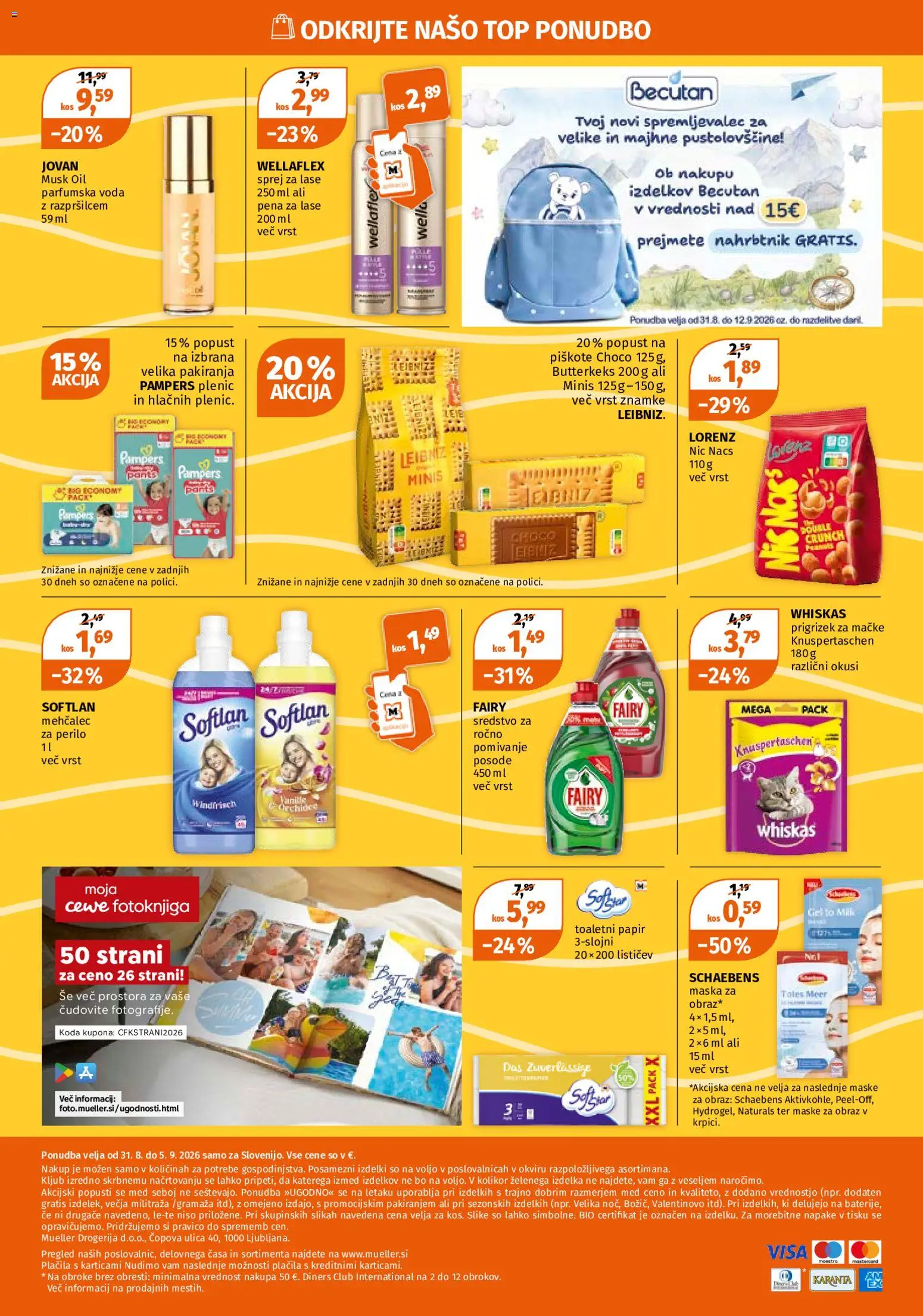 Novi Müller katalog ponudbe – veljaven od 31.08.2026 | Stran: 12 | Izdelki: Toaletni papir, Maska, Voda, Nahrbtnik