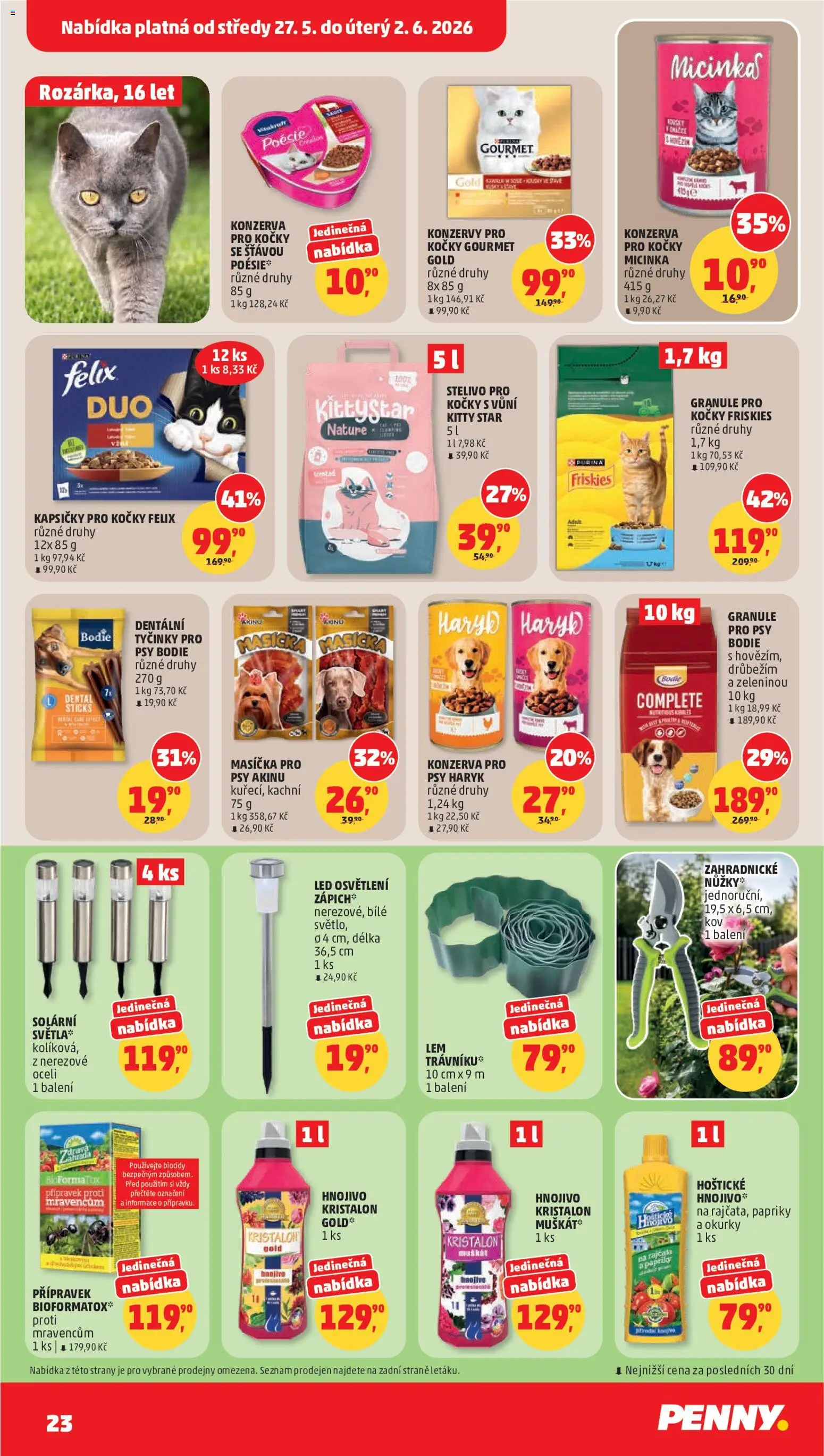 Penny Market leták od 27.05.2026 | Strana: 23 | Produkty: Gourmet Gold, Tyčinky, Konzervy pro kočky, Hnojivo