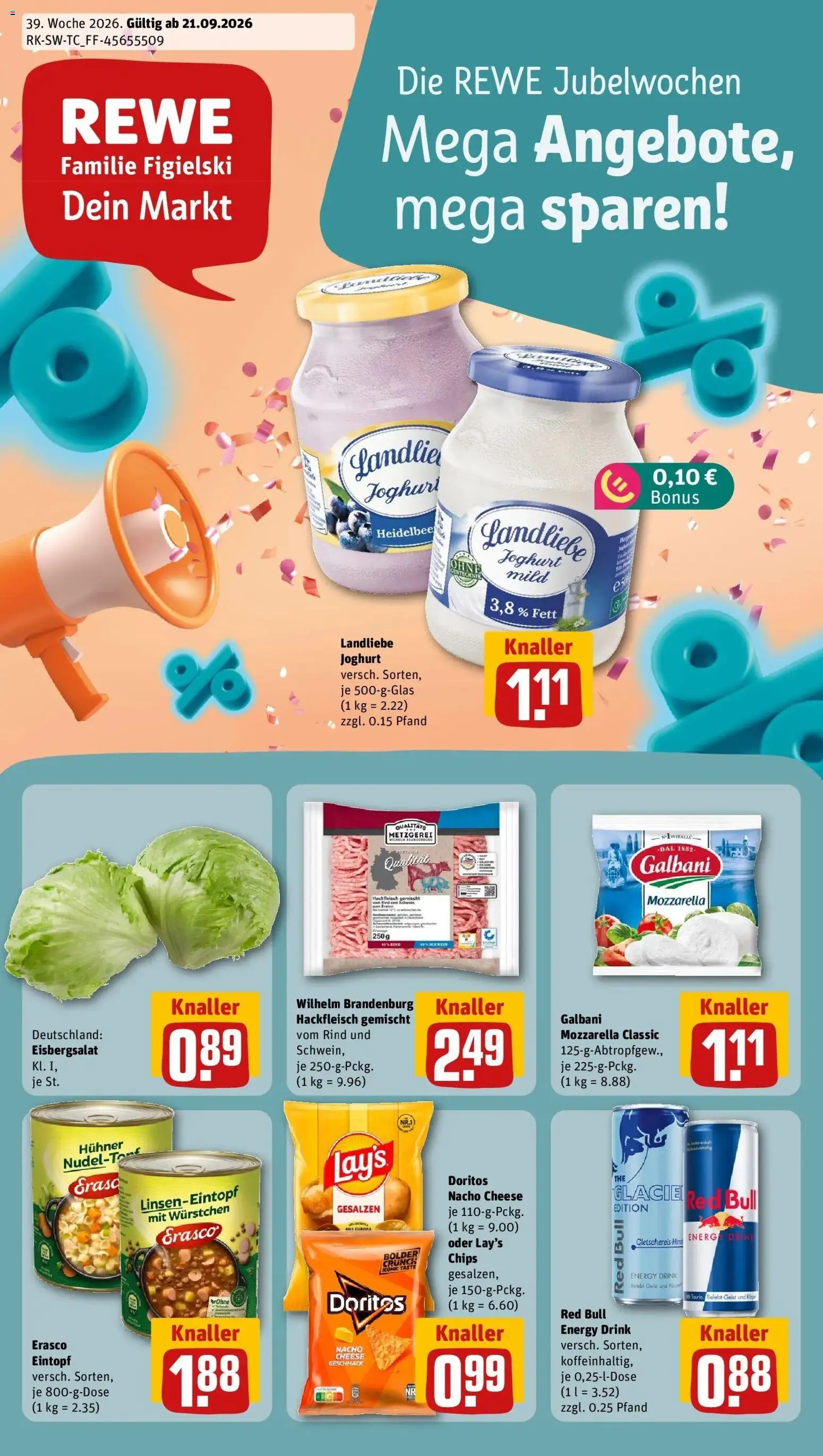 REWE Prospekt ab 21.09.2026 zum Blättern » Angebote | Seite: 1 | Produkte: Joghurt, Erasco, Chips, Hackfleisch
