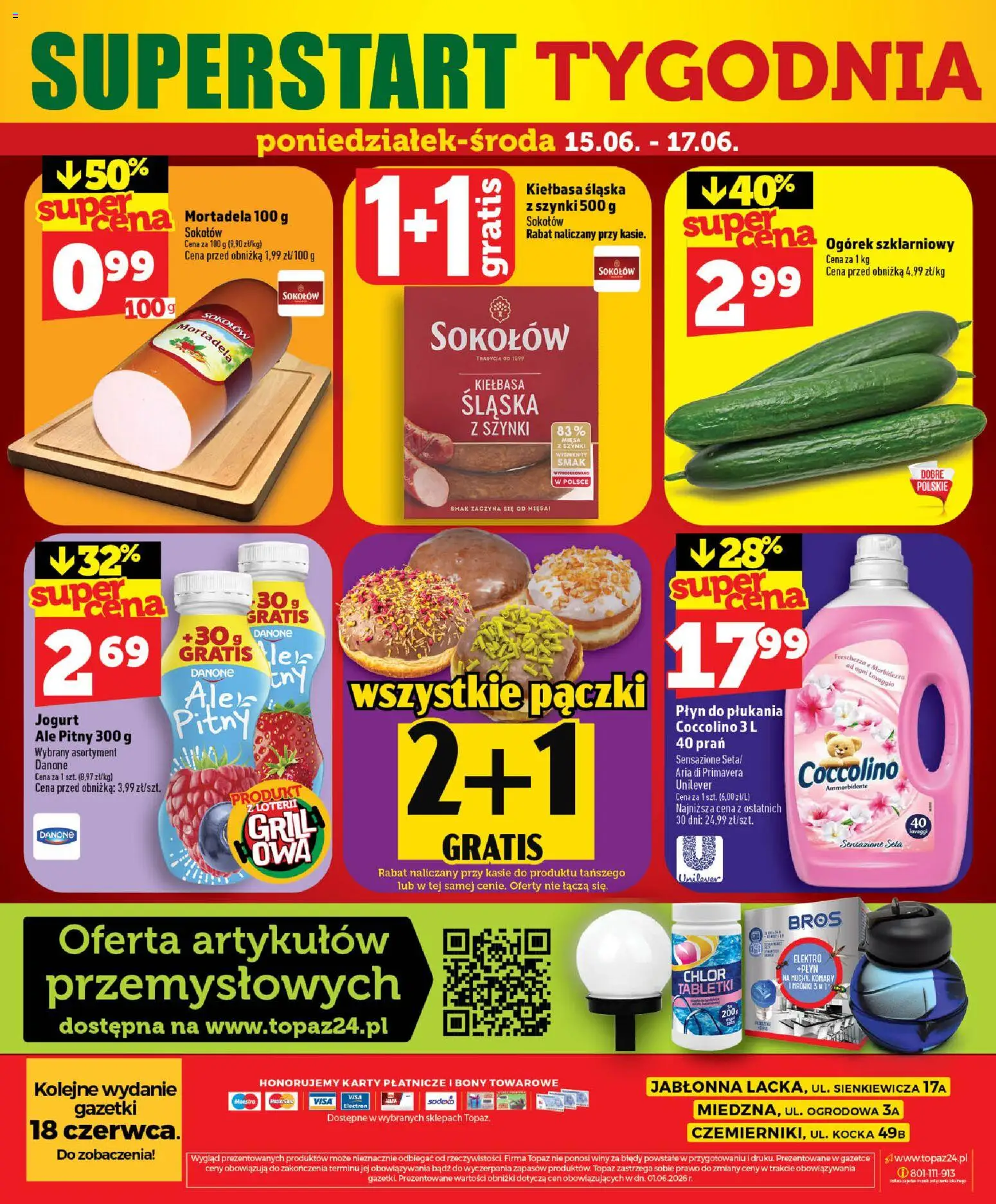 Topaz gazetka - Ceny małe na stałe od 11.06.2026 | Strona: 64 | Produkty: Kiełbasa, Jogurt pitny, Pączki, Coccolino