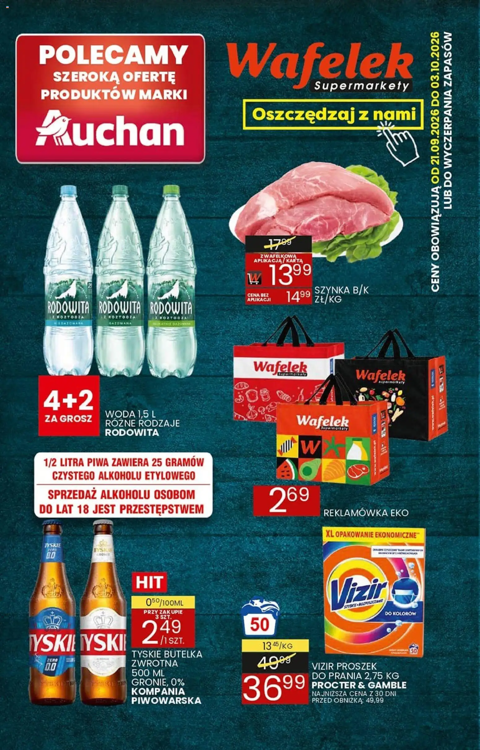 Wafelek gazetka od 21.09.2026 | Strona: 1 | Produkty: Szynka, Wafelek, Tyskie, Woda